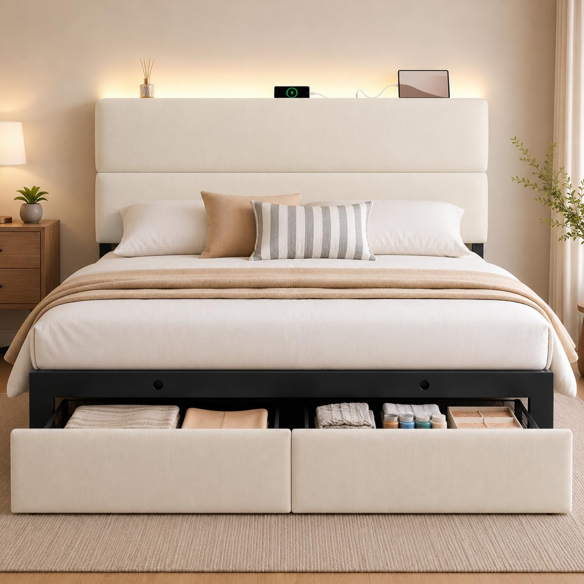 Queen Bed Frame with 2 Storage Drawers, Beige Velvet Upholstered | Platform Bed with Charging Ledge, LED Headboard Light