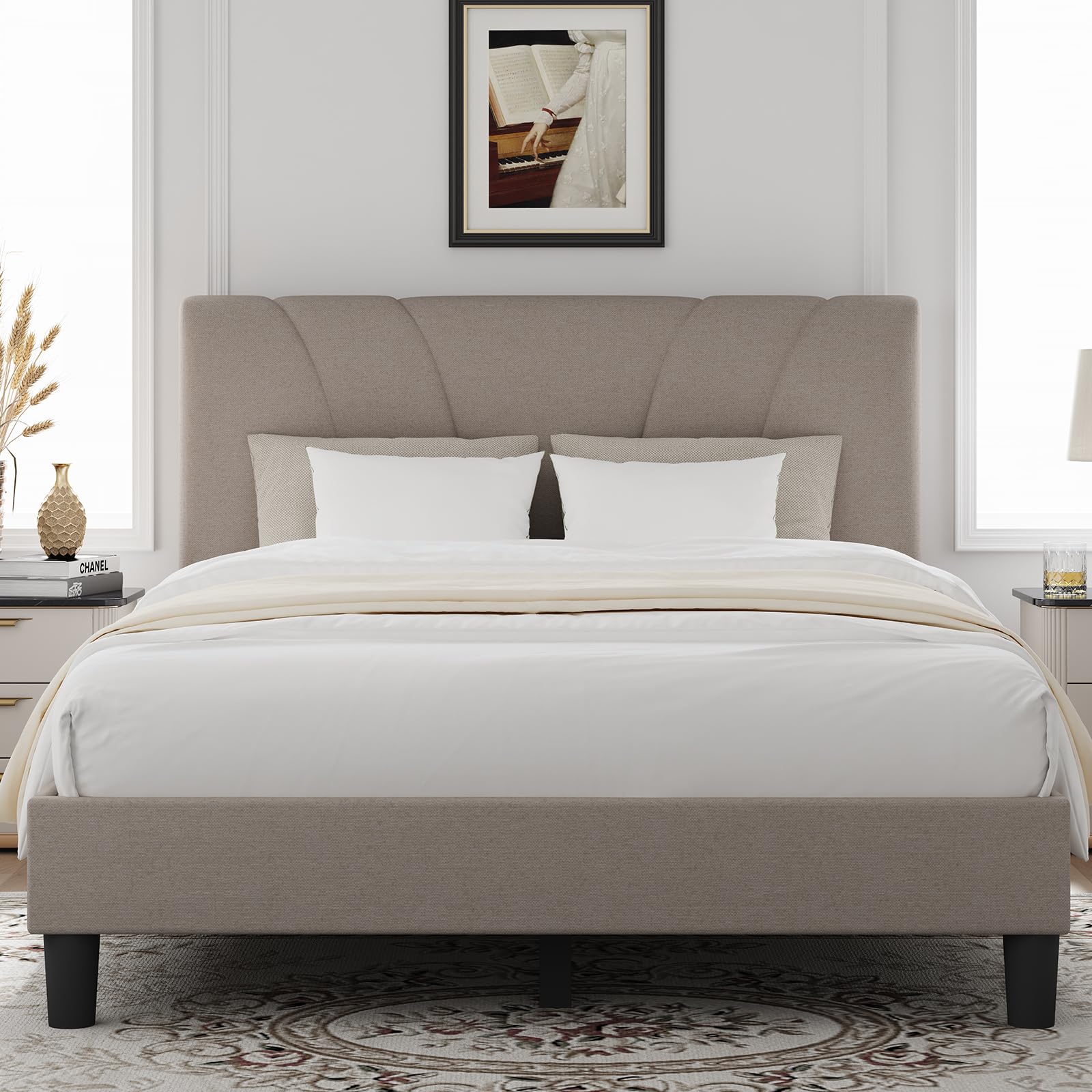 Novilla Queen Bed Frame with Headboard, Bed Frame Queen Size with Wood Slats Support,Linen Upholstered Adjustable Headbo