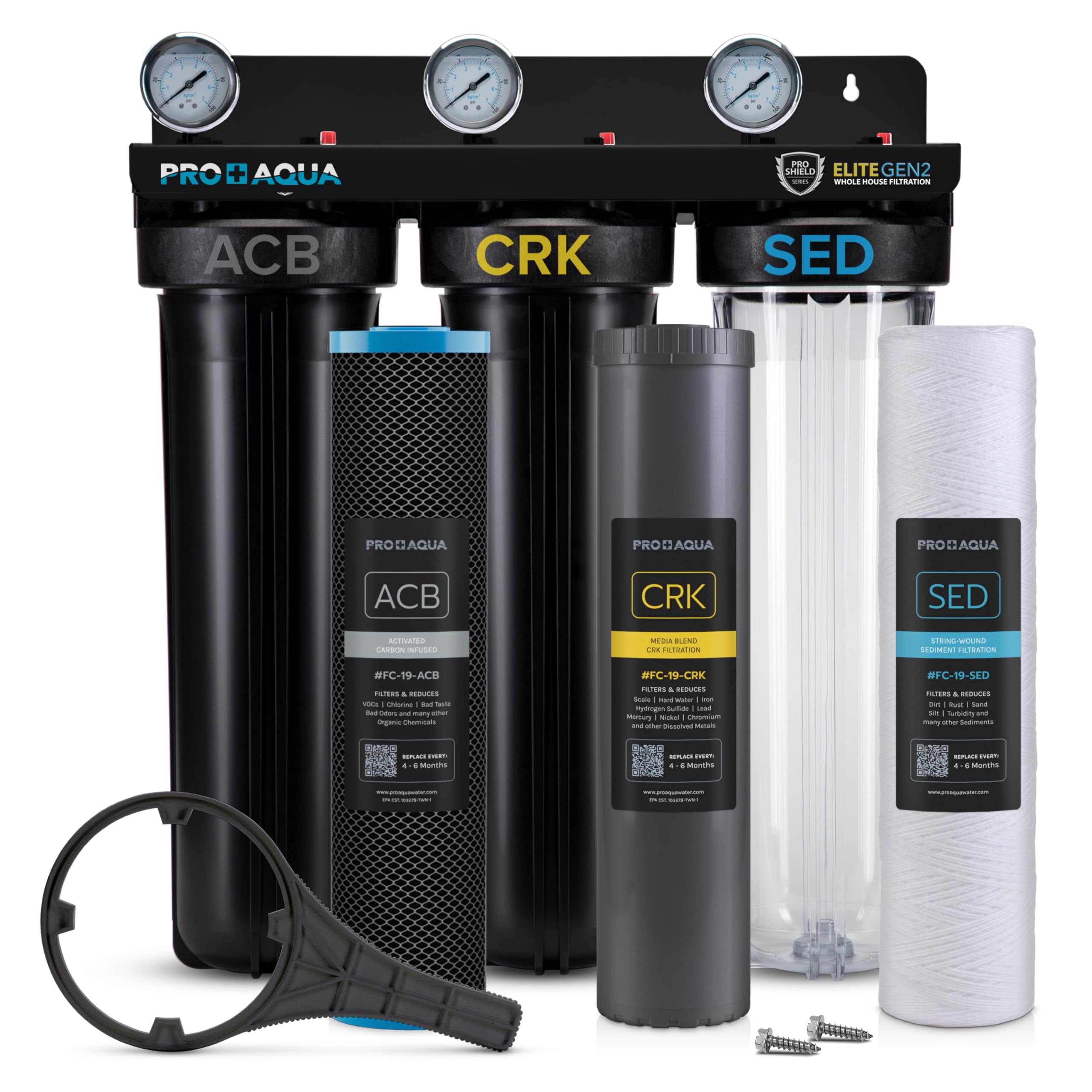 Pro Aqua Elite Whole House Water Filter 3 Stage Well Water Filtration System w/Gauges, PR Button, 1” Ports, Filter Set