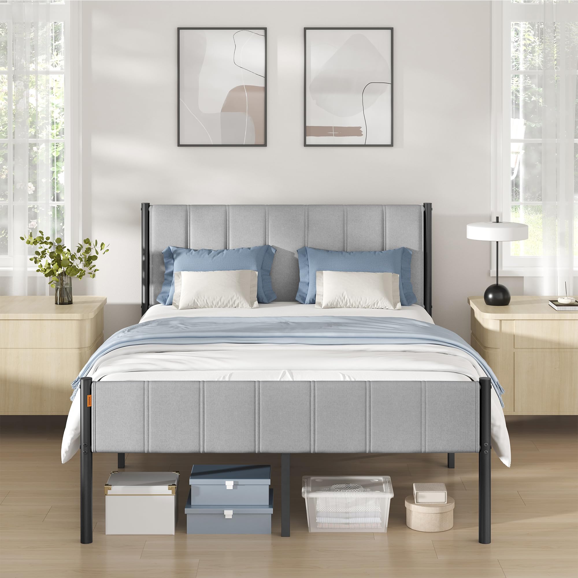 VASAGLE Double Bed Frame, 135 x 190 cm, with Upholstered Headboard, Metal Bed Frame, 500 kg Weight Capacity, Easy Assemb