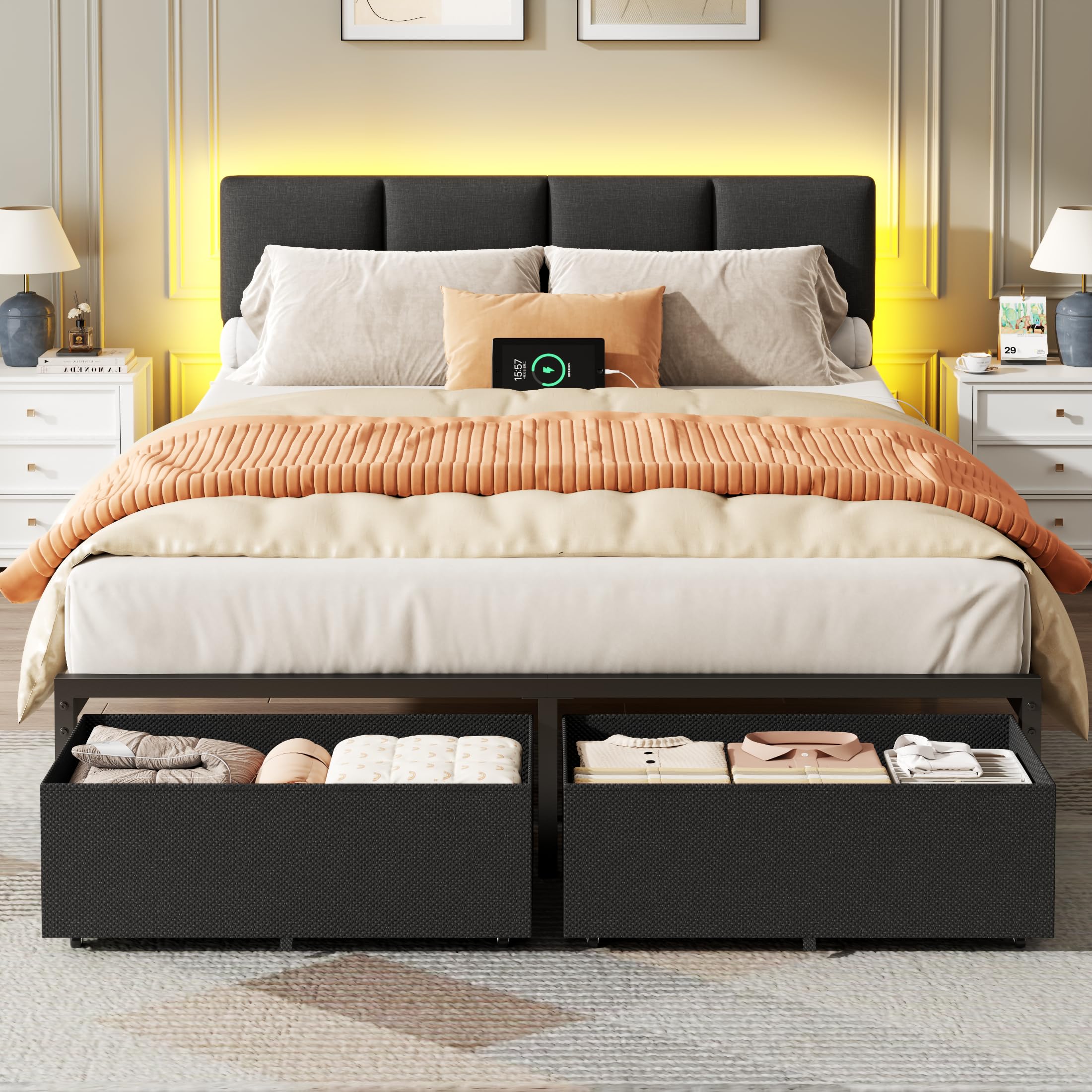 Furnulem Queen Bed Frame with Charging Station and LED Lights, Upholstered Headboard, Metal Platform Bed with 2 Fabric S