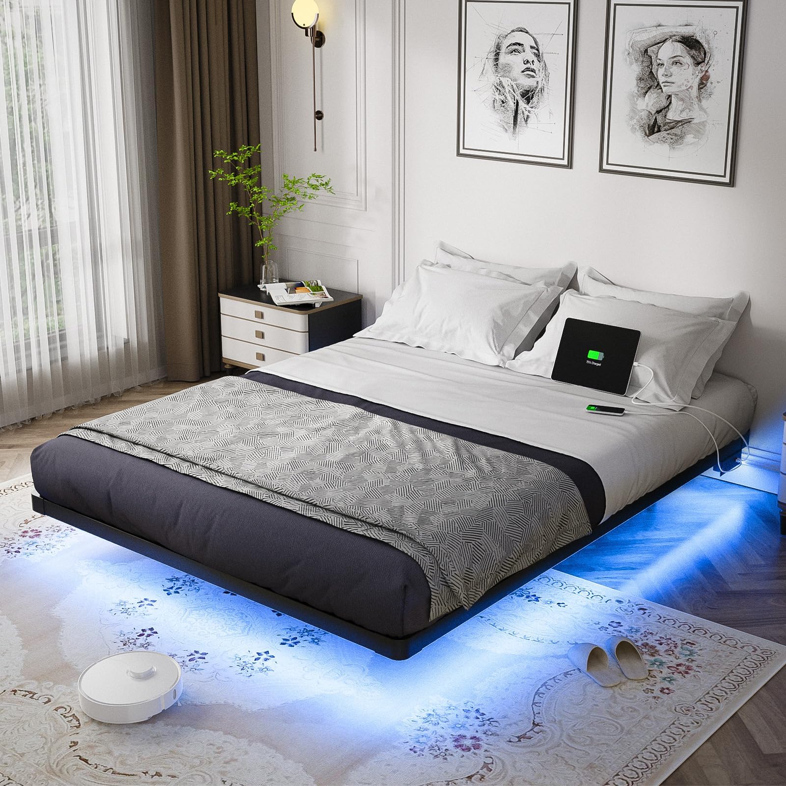 ‘طار سرير عائم مقاس كوين مع مصابيح LED ذكية وقاعدة شحن، سرير عصري مع منصة معدنية، تصميم سهل التجميع، لا يحتاج إلى صندوق