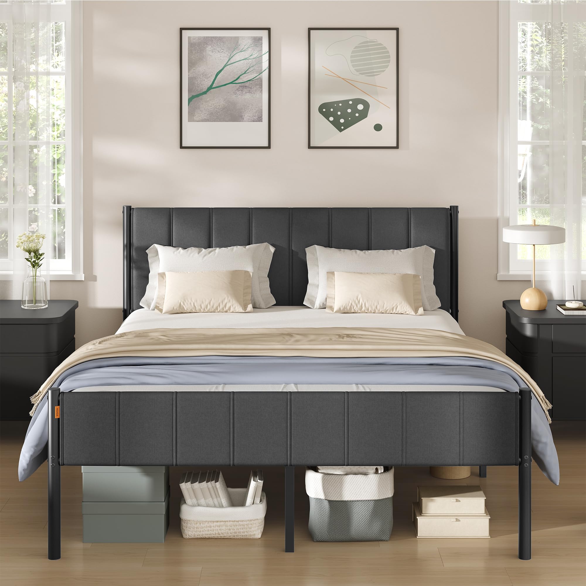 VASAGLE King Bed Frame, 150 x 190 cm, with Upholstered Headboard, Metal Bed Frame, 500 kg Weight Capacity, Easy Assembly