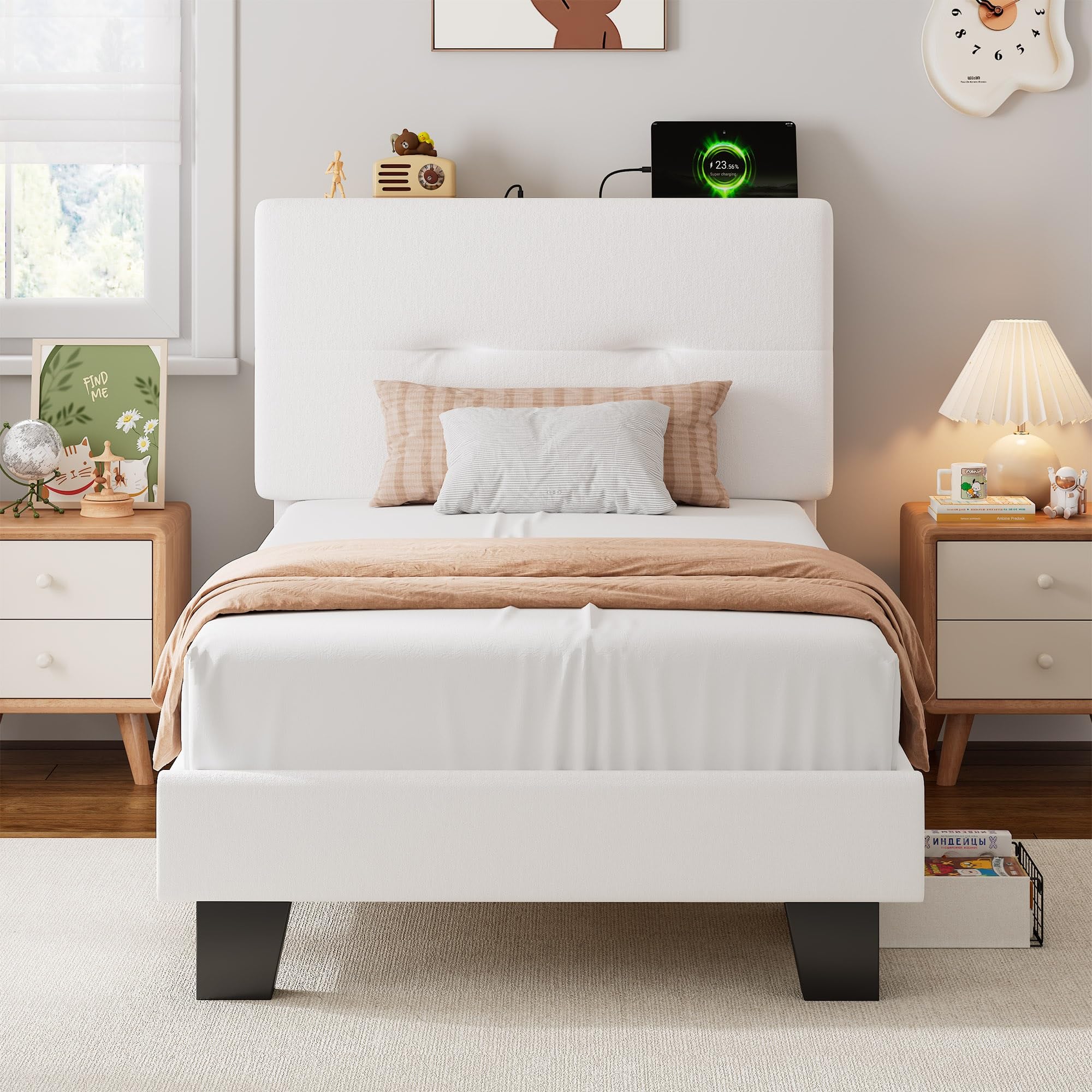 Feonase Single Bed Frame with Charging Station, Velvet Upholstered Platform Bed Frame Single Beds with Storage Headboard