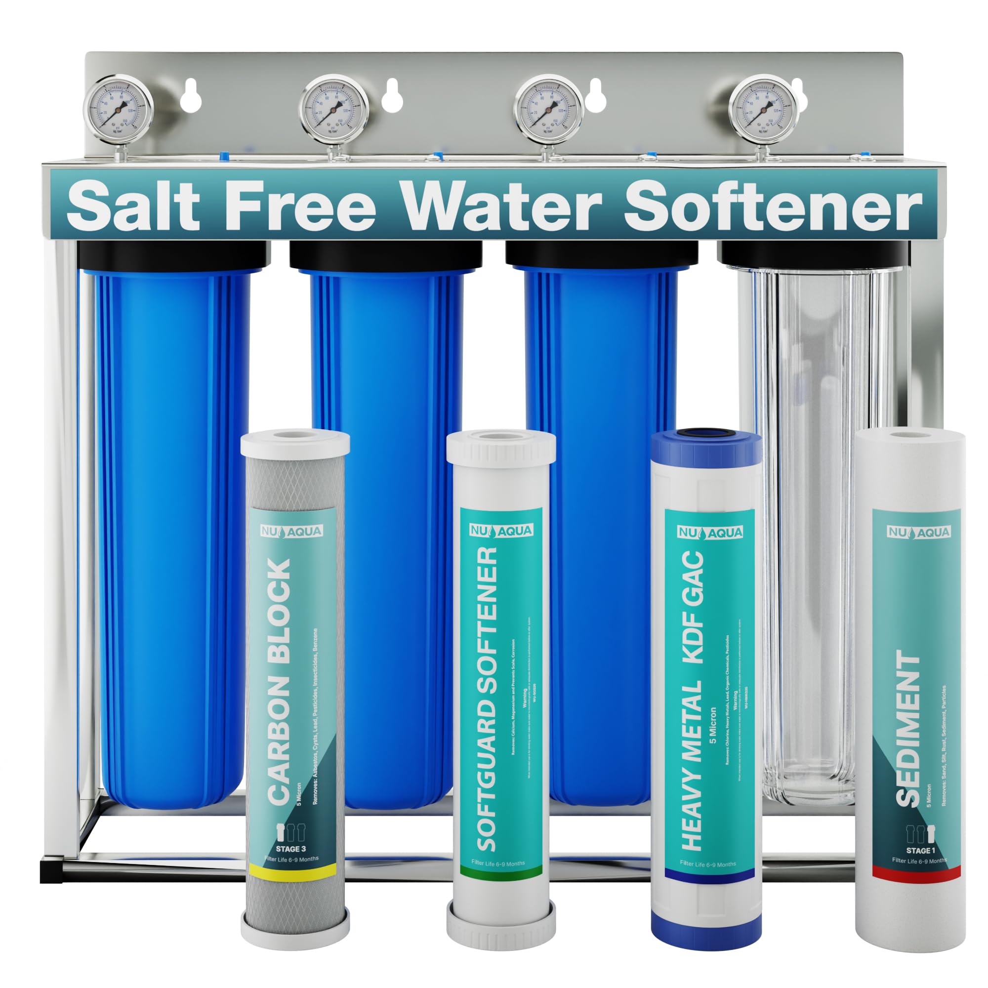 NU Aqua 4 Stage Salt Free Water Softener Whole House Water Filter System with Total Filtration - Includes Sediment, Heav