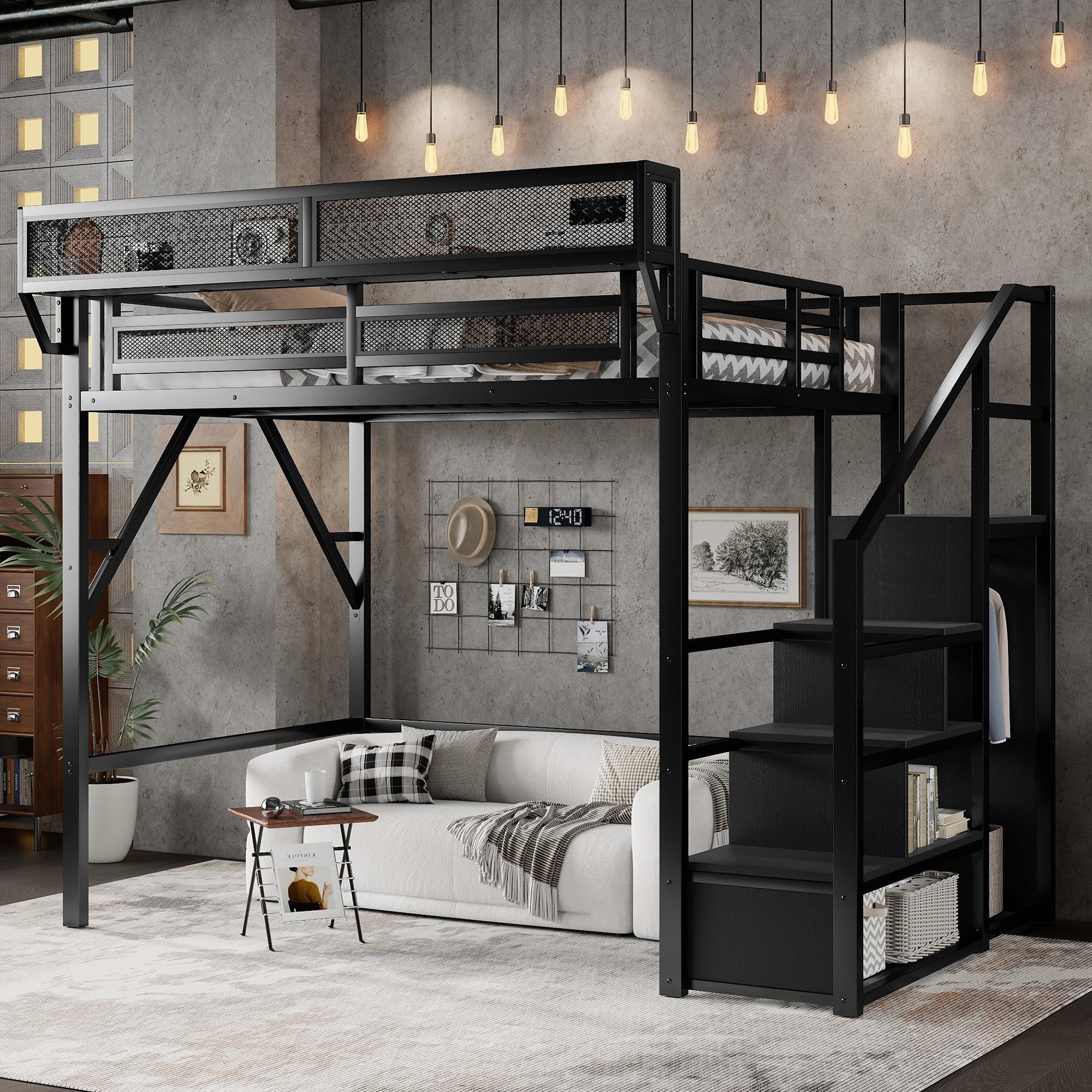 KEIKI full size metal loft bed frame with convertible staircase, built-in storage shelves and wardrobe, Loft bed with so