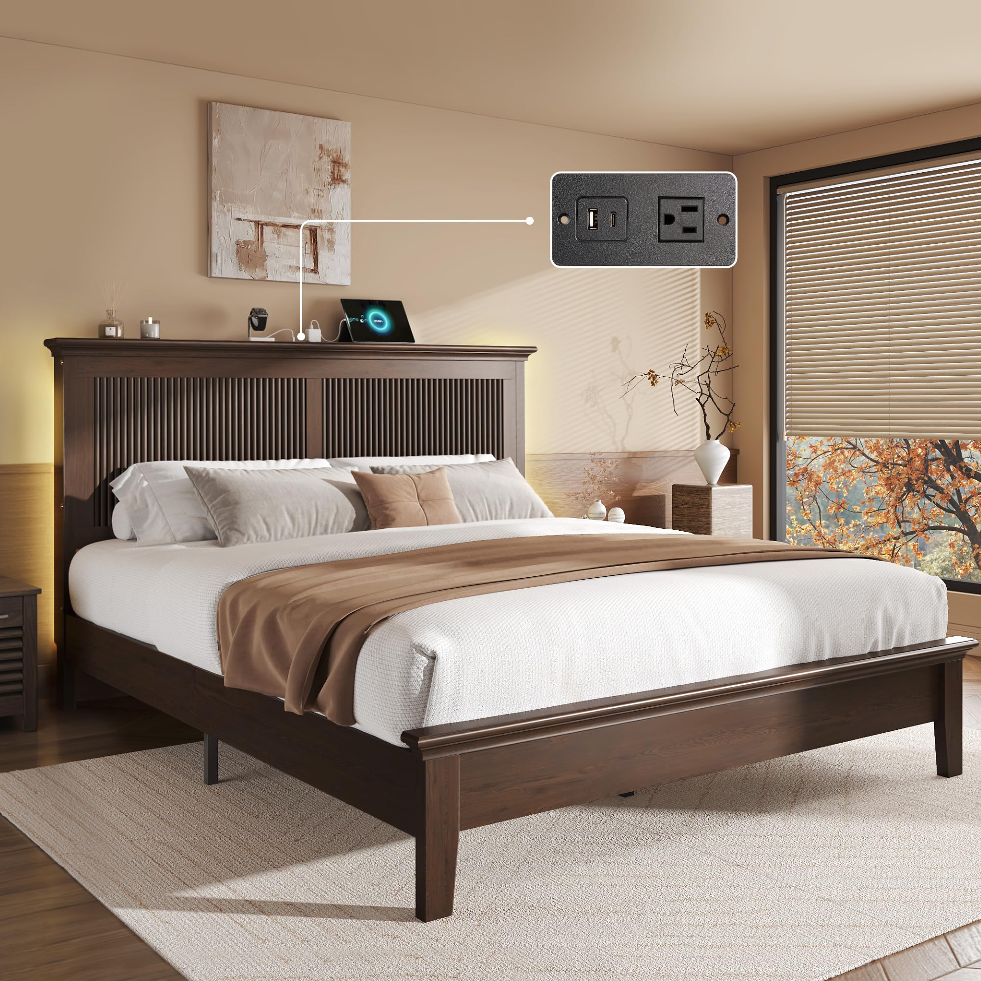 Lifezone Wood Queen Bed, Solid Wood Bed With Tall Headboard, American Vintage Design, Queen Bed With Charging Station & 