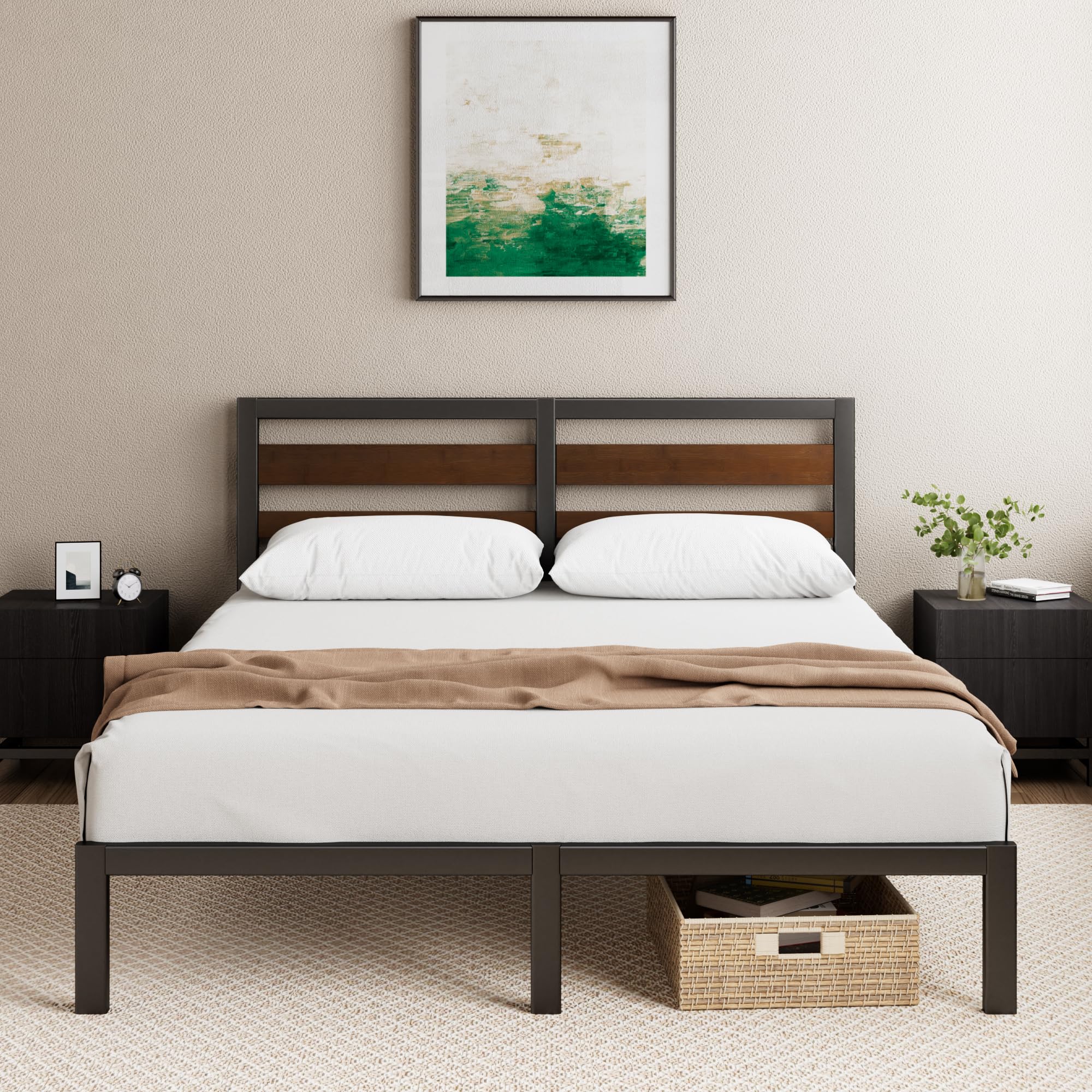 Zinus Kai Double Bed Frame with Headboard (135 x 190 cm) – Bamboo and Metal Bed Frame with Steel Slat Support, Easy Asse
