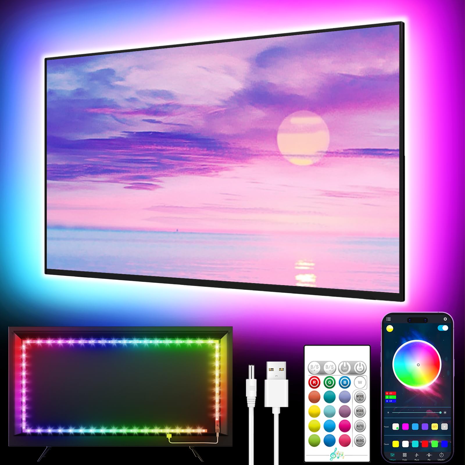 GIPOYENT TV Light Strip, 5M TV Backlight, for 45-75 Inch TV, Music Sync LED TV Light with Bluetooth Function - RGB Color
