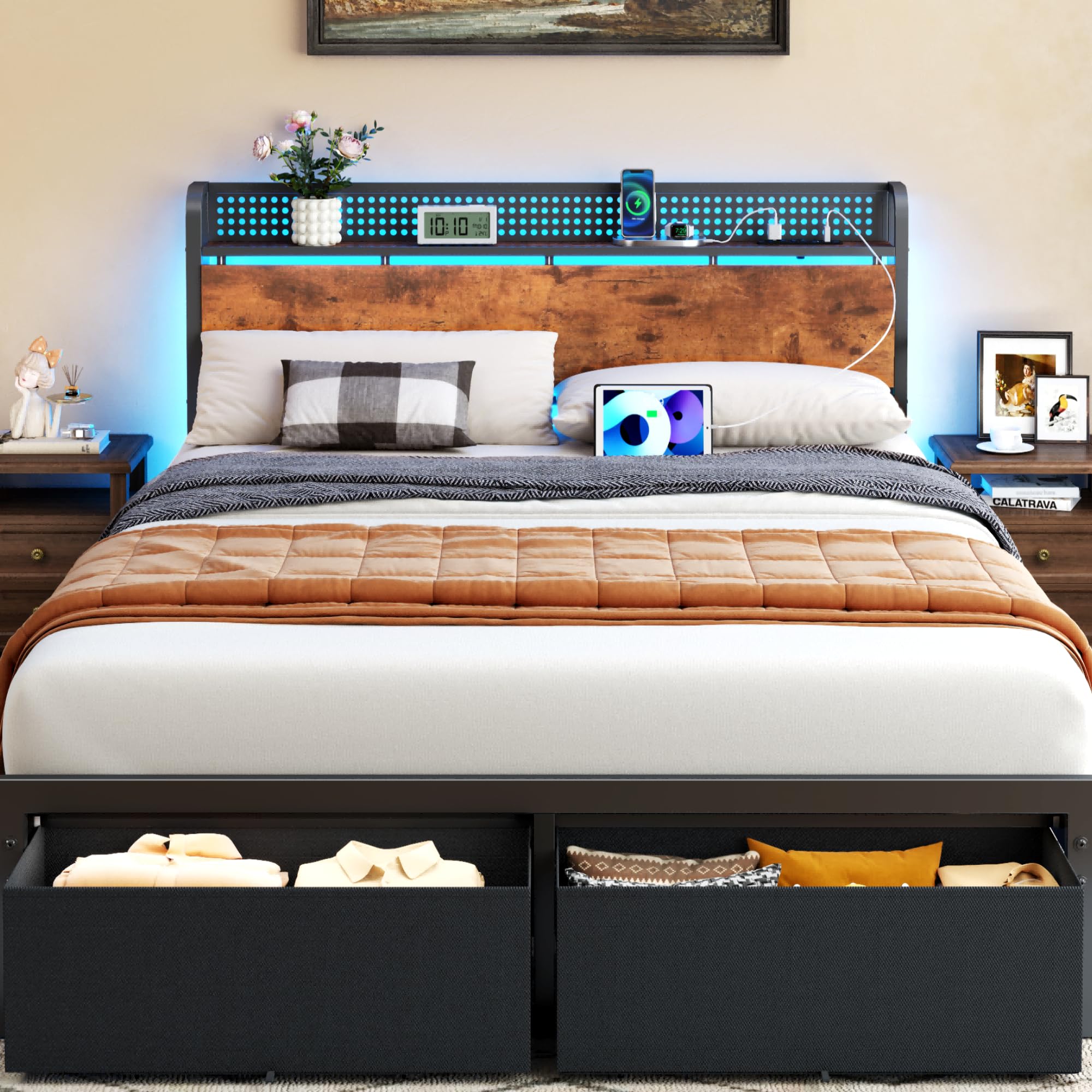 Furnulem Queen Size Bed Frame with Headboard Storage, Platform Bed Frame Queen Size with 2 Drawers, 