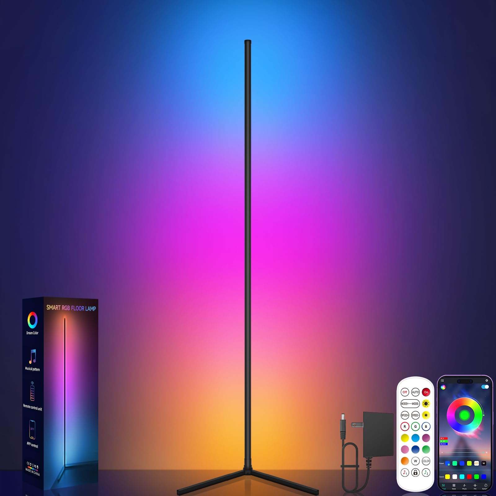 Tyute Corner Floor Lamp, RGB LED Corner Lamp with Music Sync, Smart App and Remote Control Color Changing Ambience Light