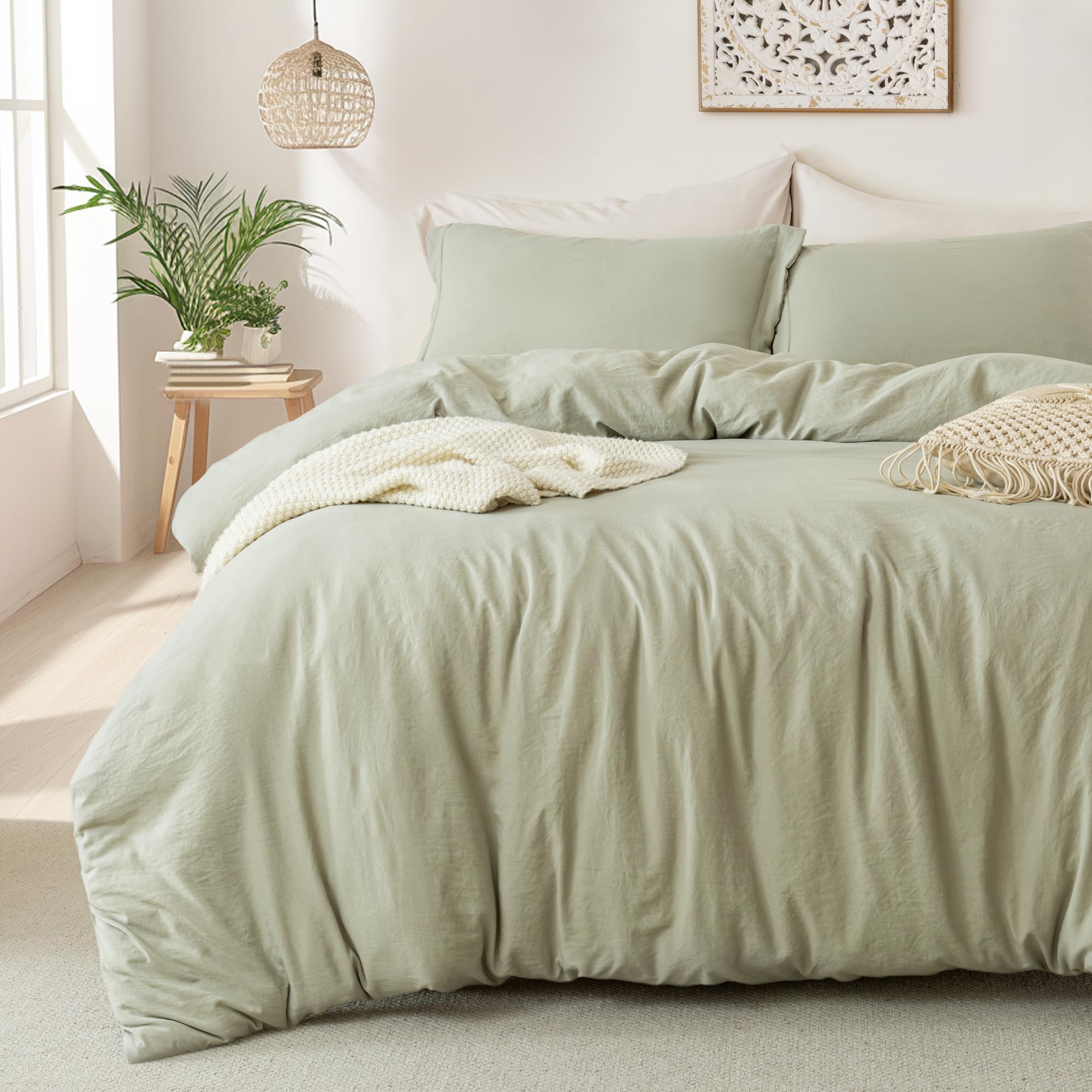 MILDLY Super Soft Duvet Cover - 100% Washed Microfiber October Mist Sage Comforter Cover Set 3 Piece