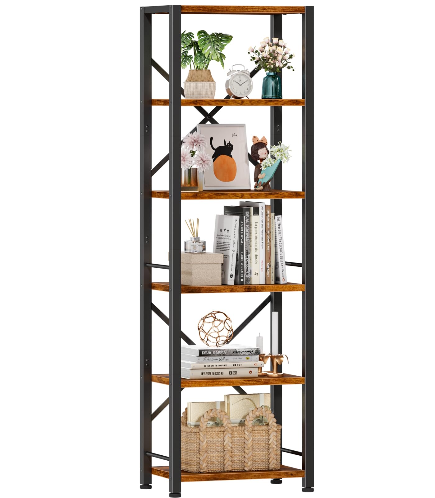 Furologee 6 Tier Tall Bookshelf, Industrial Narrow Bookcase, Display Standing Shelf Units, Metal and Wood Storage Rack O