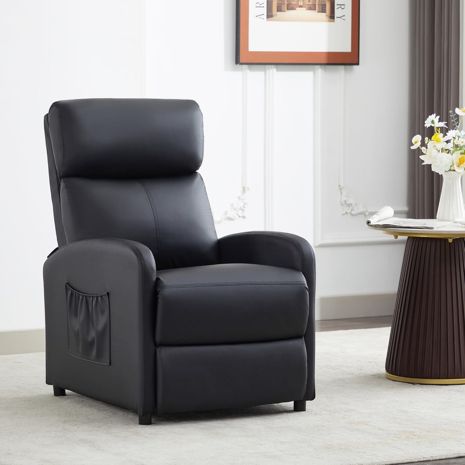 mcc direct Push Back Recliner Chair, PU Leather Single Sofa with Lumbar Support, Padded Backrest, Si