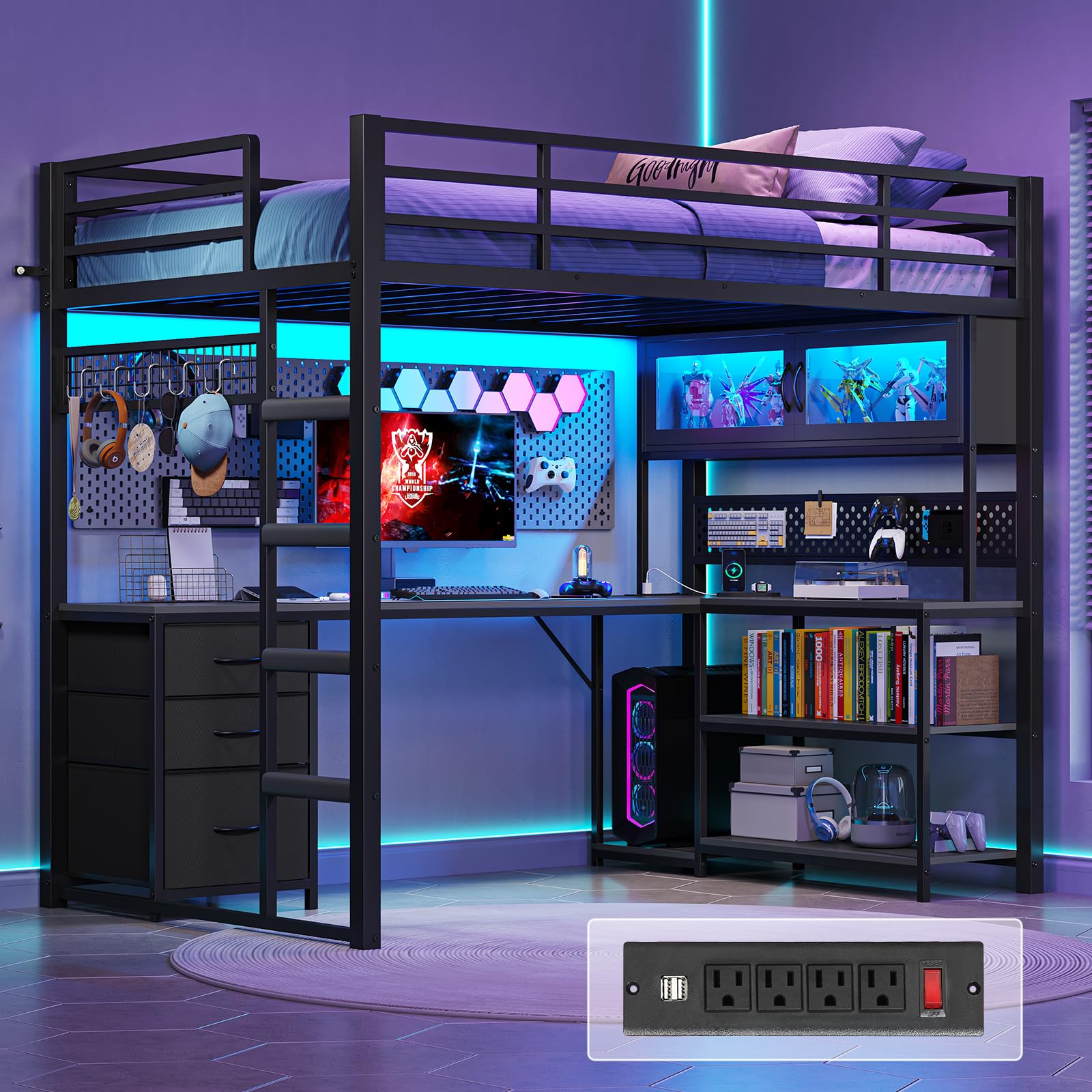 ADORNEVE Twin Size Loft Bed with L-Shaped Gaming Desk, Storage Drawers & Hutch, Expanded Safety Powe