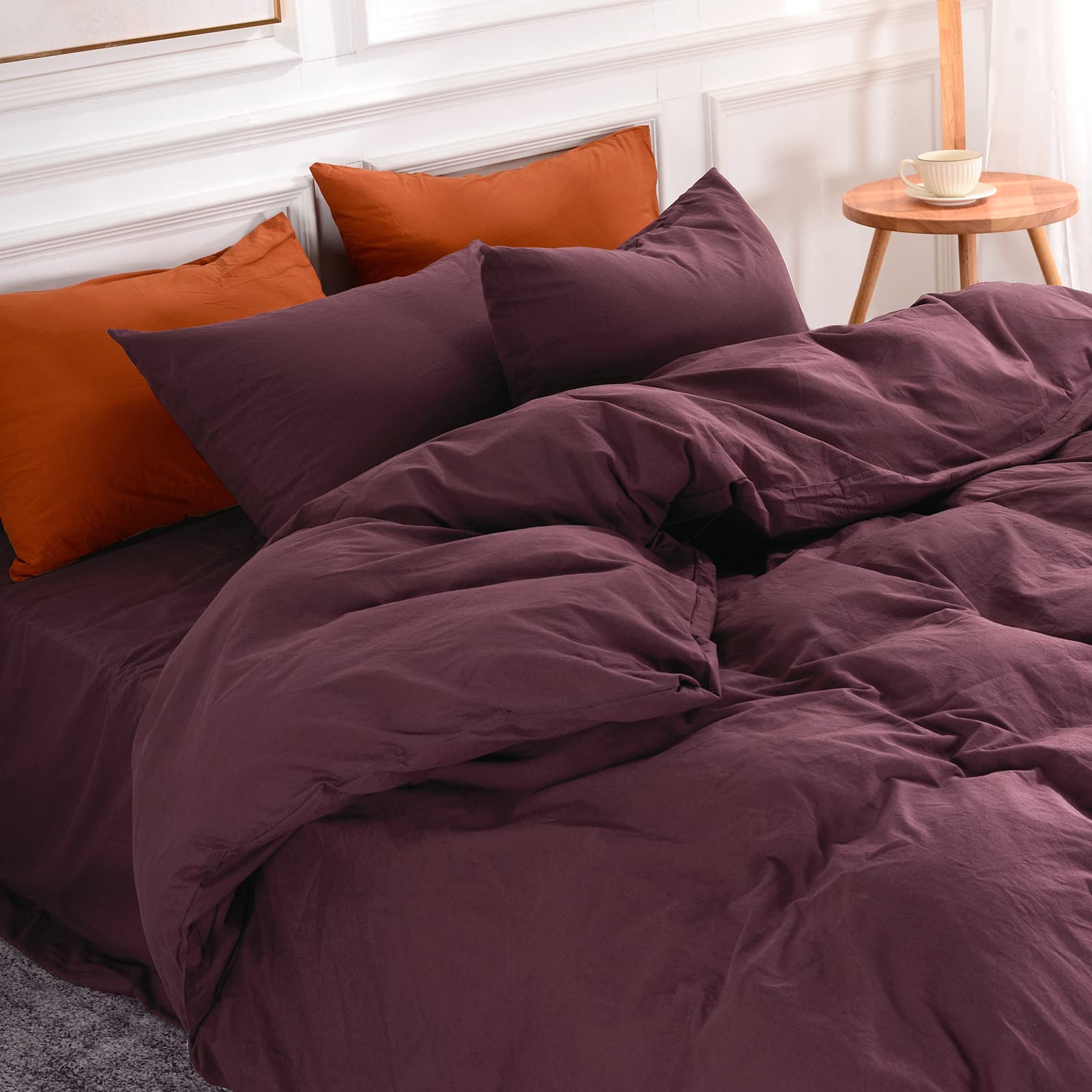 NEXHOME PRO Duvet Cover Set Queen Size Linen Look Textured 100% Washed Cotton Duvet Cover Burgundy D