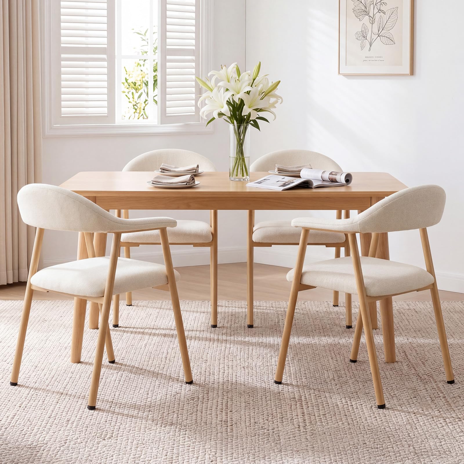 DUMOS Dining Chairs Set of 4, Linen Fabric Upholstered Kitchen Side Chairs with Curved Backrest & Metal Legs, Modern Far