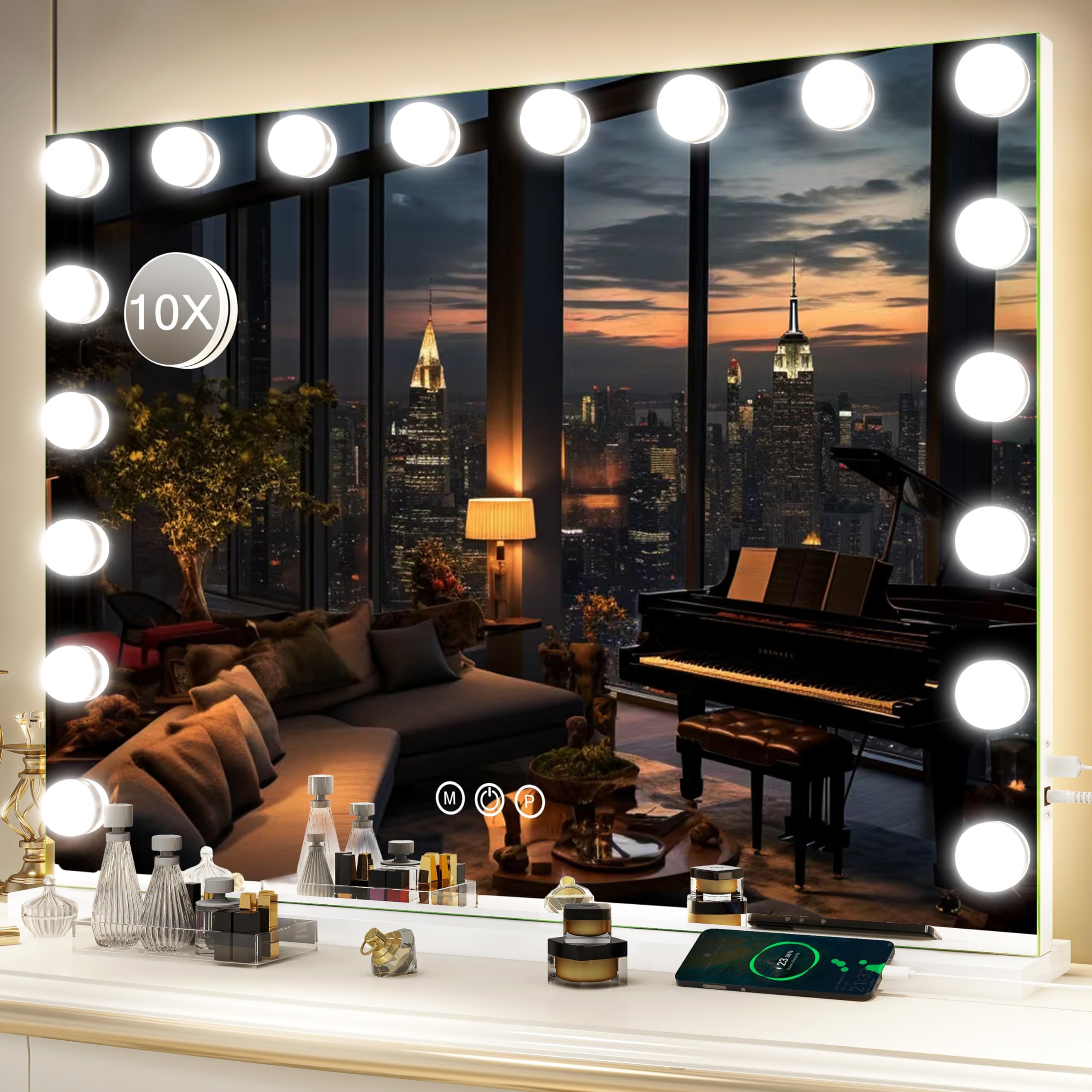 مراة فانيتي هوليوود مع اضواء 80 × 60، مراة مكياج كبيرة مضيئة مع 18 مصباح LED قابل للتعتيم وتكبير 10 