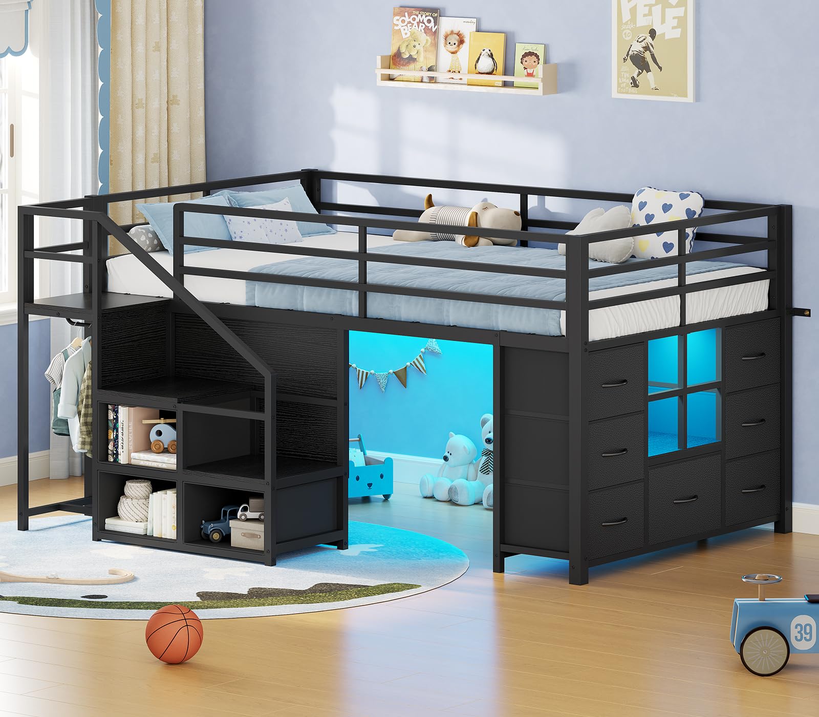 BTHFST Low Loft Bed Twin Size with Stairs & LED Lights, Kids Loft Bed with 7 Storage Drawers & 3 Ope