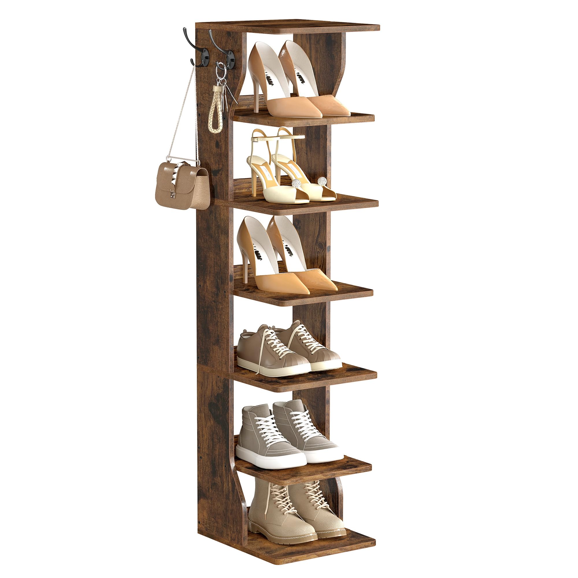 VASAGLE Slim Shoe Rack, Narrow Shoe Storage Organiser, 7-Tier Shoe Stand, for Small Spaces, Hallway, Cloakroom, Rustic B