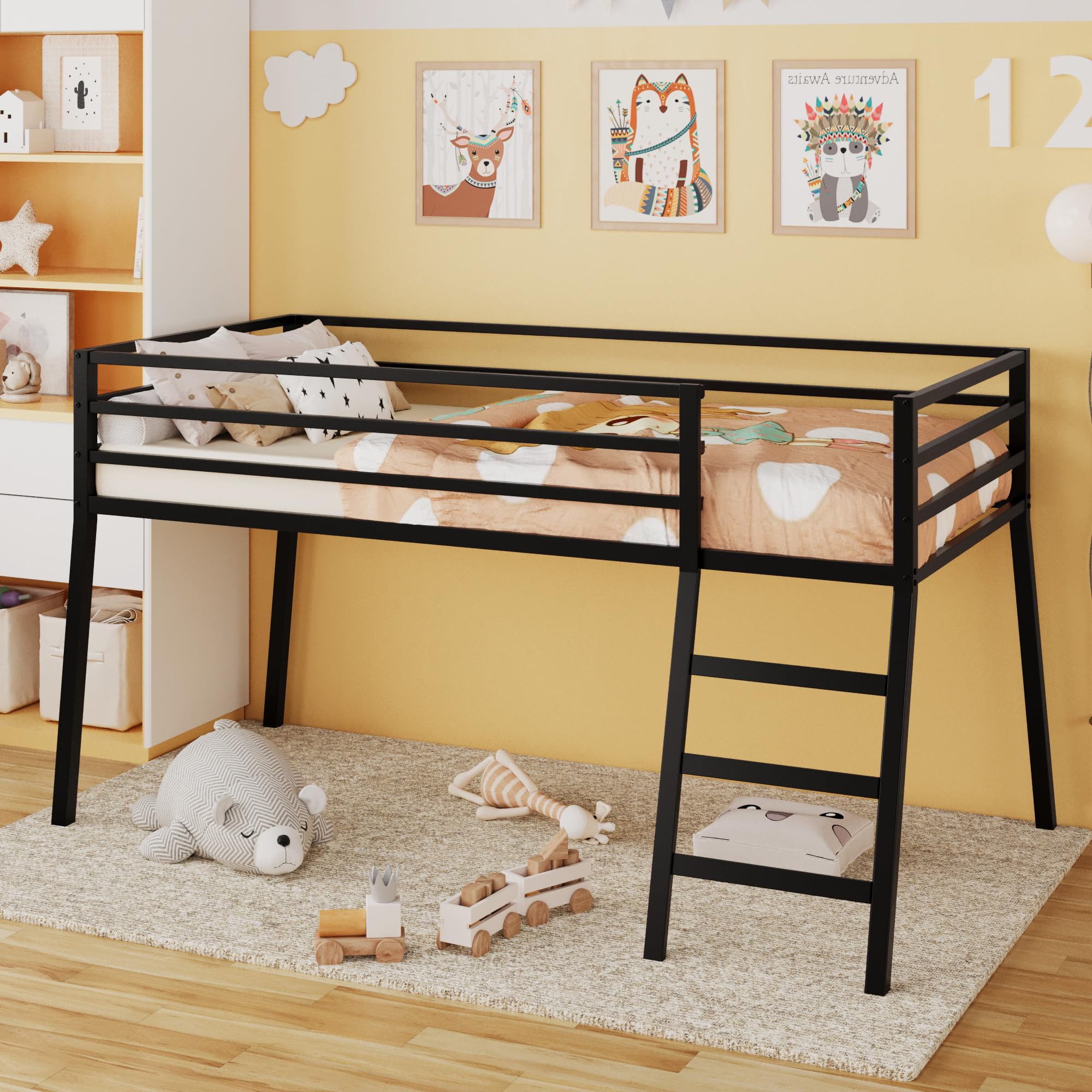 Lutown-Teen Metal Low Loft Bed Twin Size with Stairs and Guard, Black | Small Bedroom, Kids Room, 28