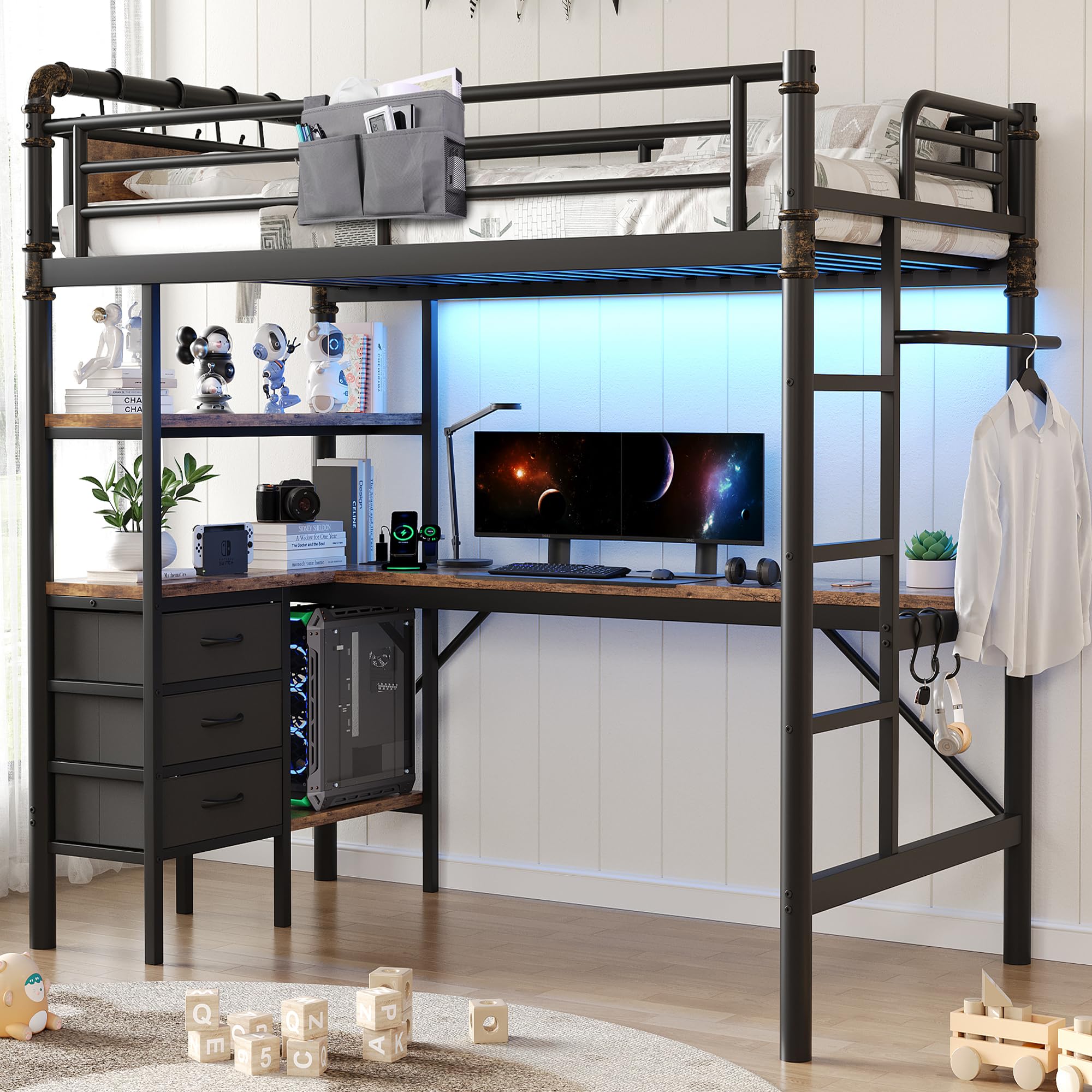 Twin Size Loft Bed with L-Shaped Desk, LED Lights,Charging Station, Industrial Heavy Duty Metal Loft