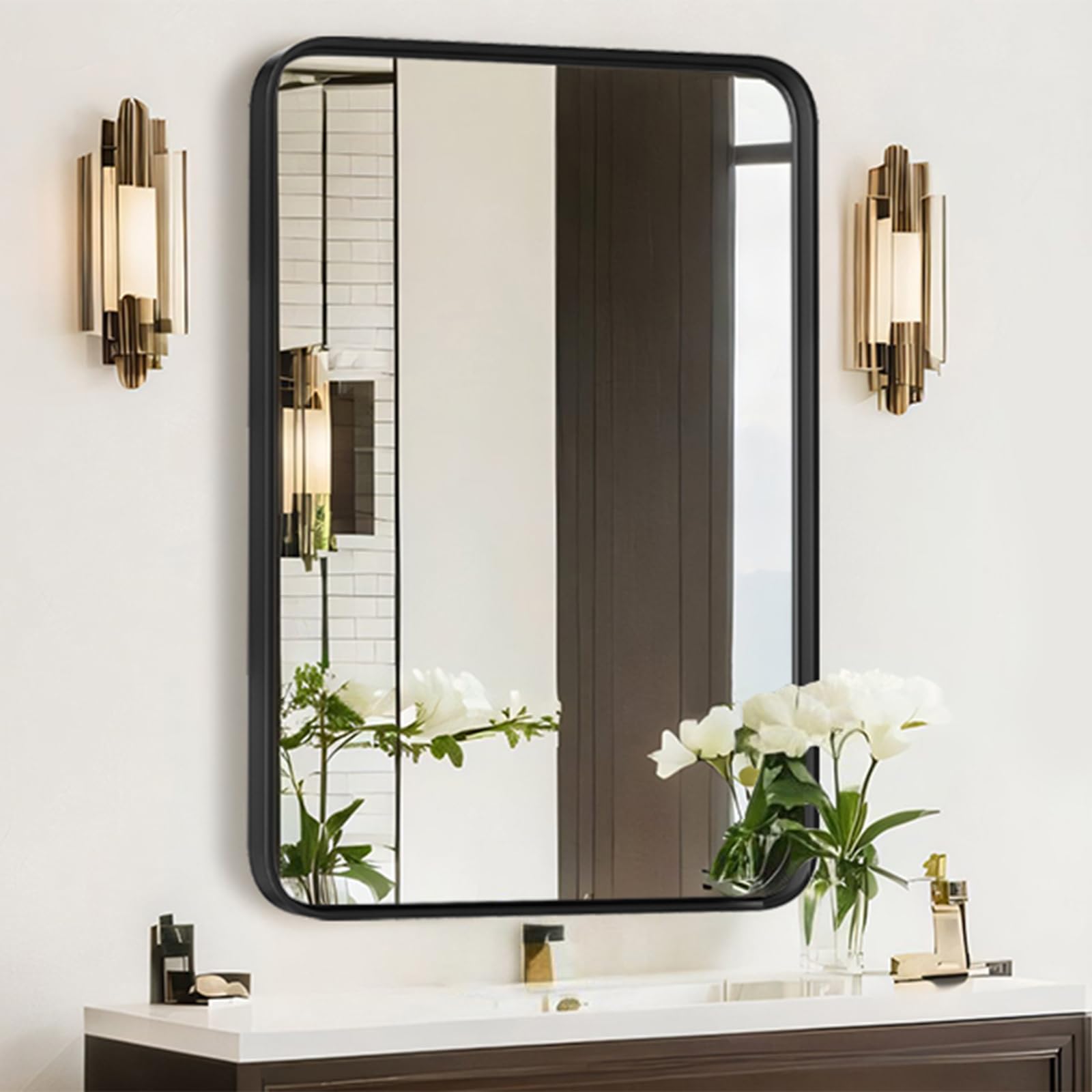 Bathroom Mirror for Wall, 30x22 Inch Rectangle Mirror, Matte Black Metal Framed Bathroom Vanity Mirror for Restroom Farm