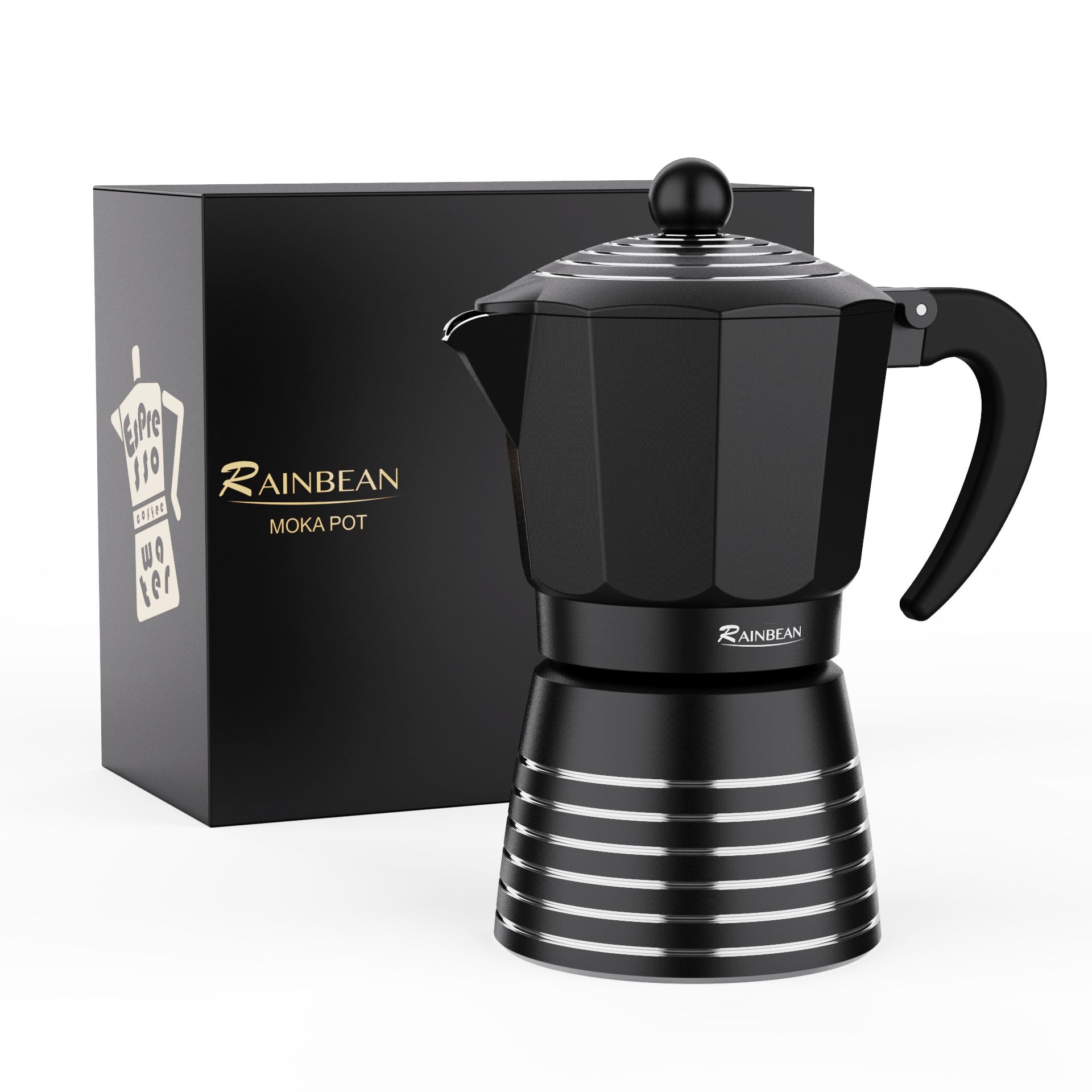 RAINBEAN Moka Pot 6 Cup Set Espresso Maker, Steam Italian Stovetop Coffee Makers Percolator, Aluminum Ripple Ring Design