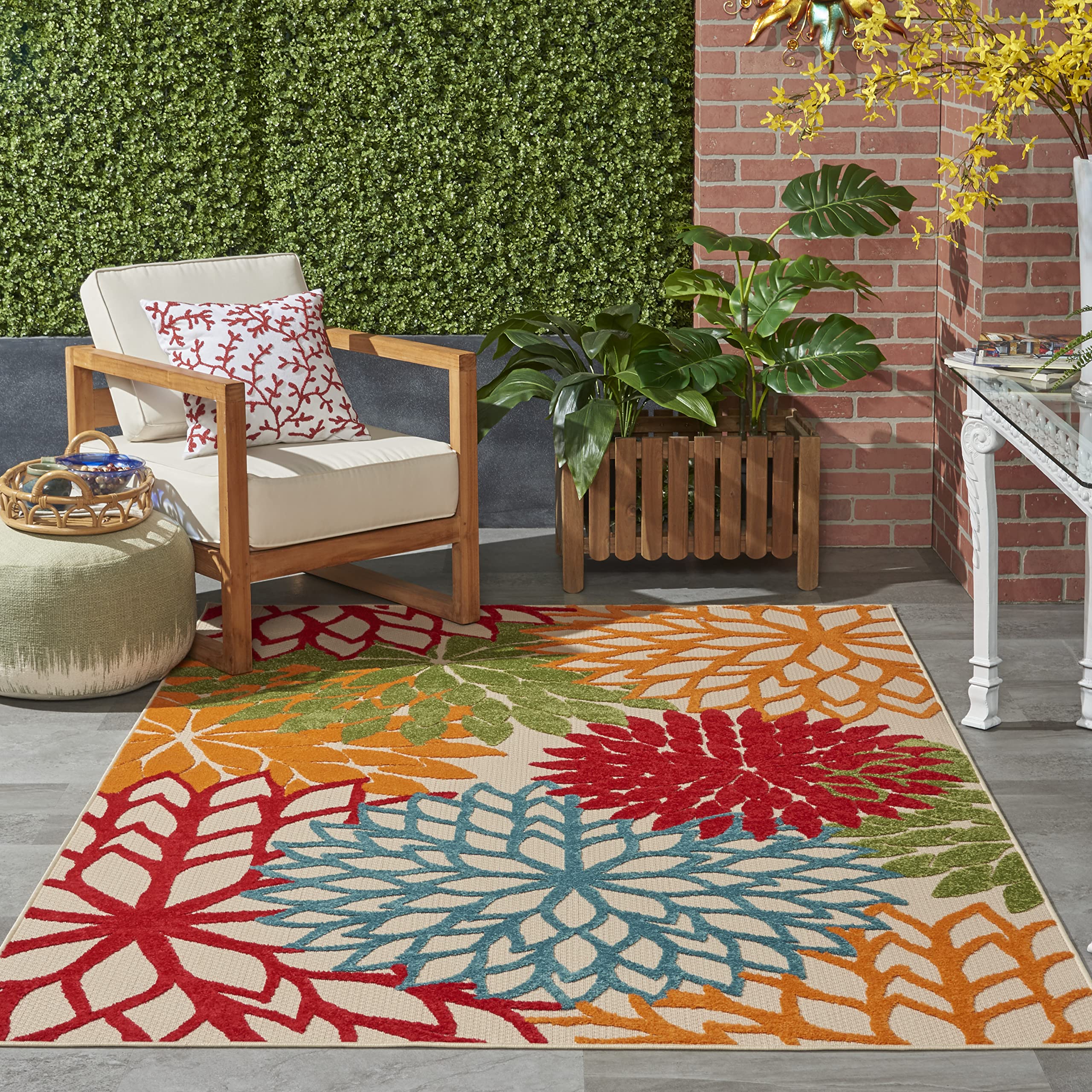 Nourison Home Aloha Indoor/Outdoor Green 5'3" x 7'5" Area Rug, Tropical, Botanical, Easy Clean, Non 
