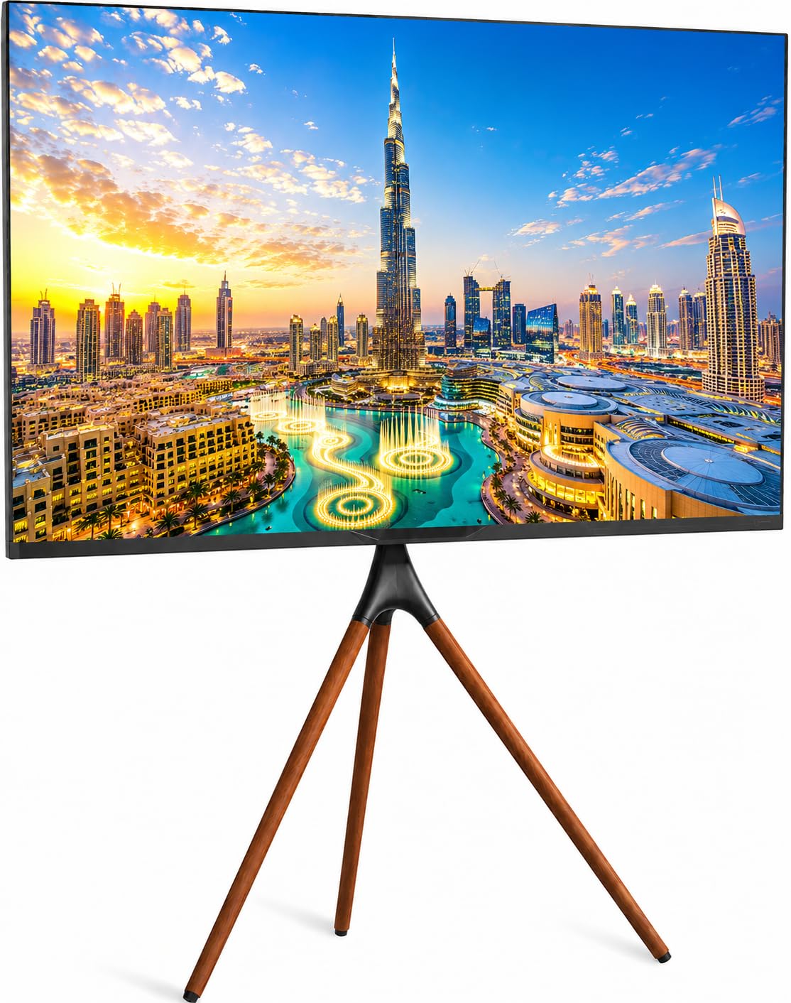 حامل تلفزيون ثلاثي القوائم 45-65 بوصة، حامل ارضي عصري بارتفاع قابل للتعديل لشاشات LED LCD وارجل من خشب الجوز الداكن، اقص