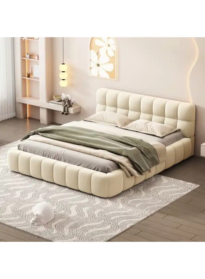 Al Zakharef Furniture ARLO Velvet Upholstered Low Profile Bed Frame – Modern Platform Bed with Padded Headboard, Beige V