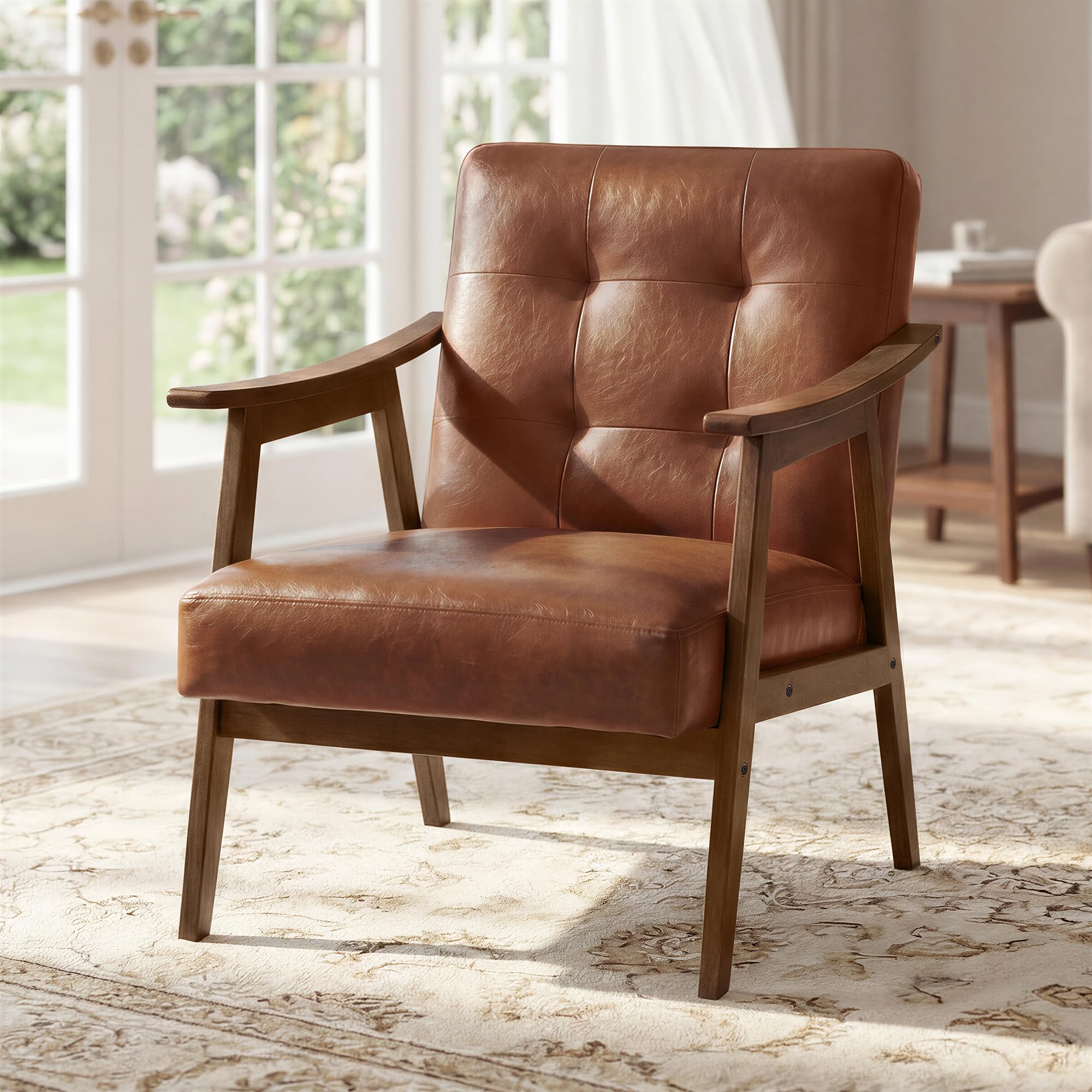 VASAGLE Accent Chair, PU Leather Armchair, Button Tufted Living Room Chair, Thick Cushion, Mid Century Modern Lounge Sea