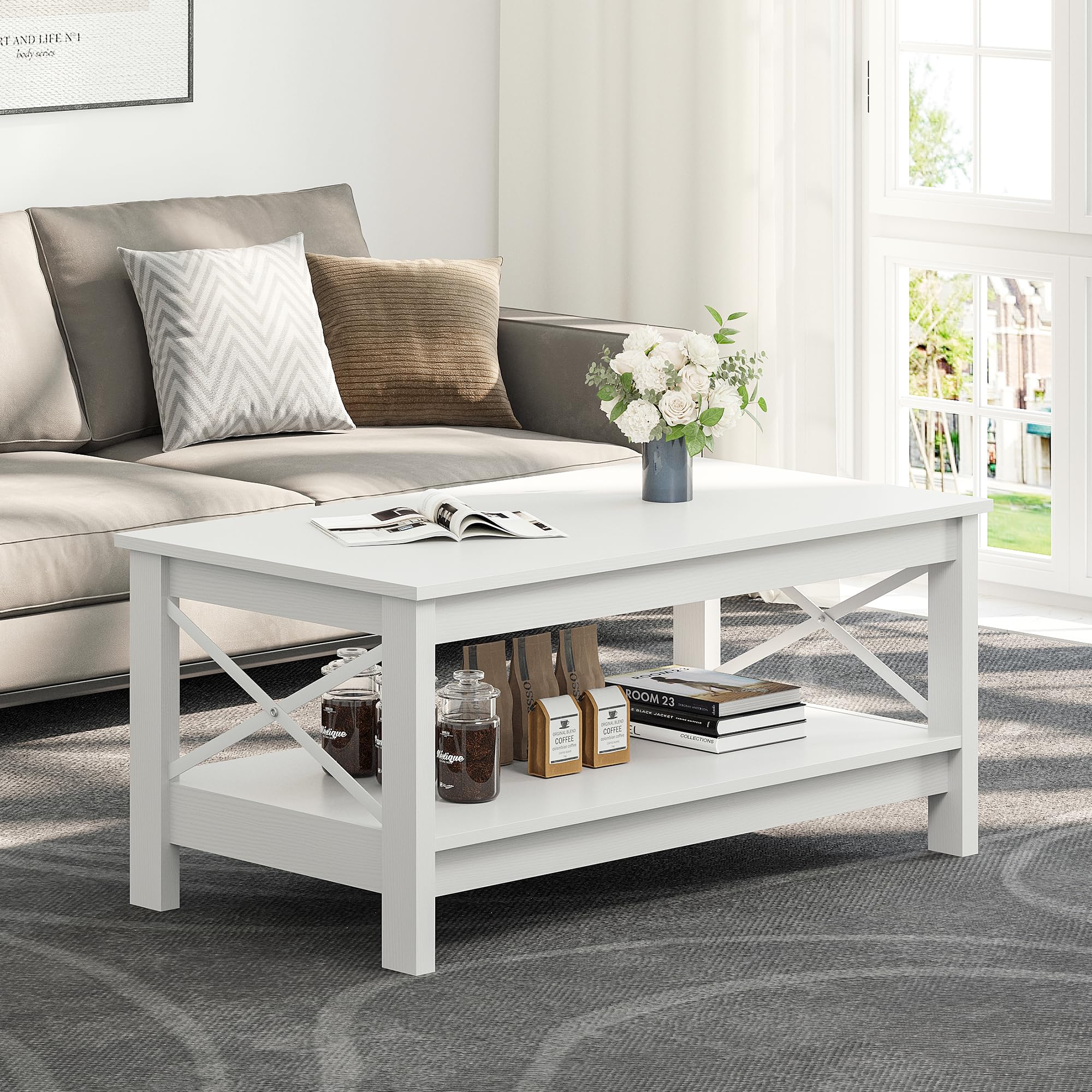 YITAHOME Coffee Table, Small 2-Tier Wooden Table with Storage Shelf, 100x55.3x45cm White Coffee Tables for Living Room,