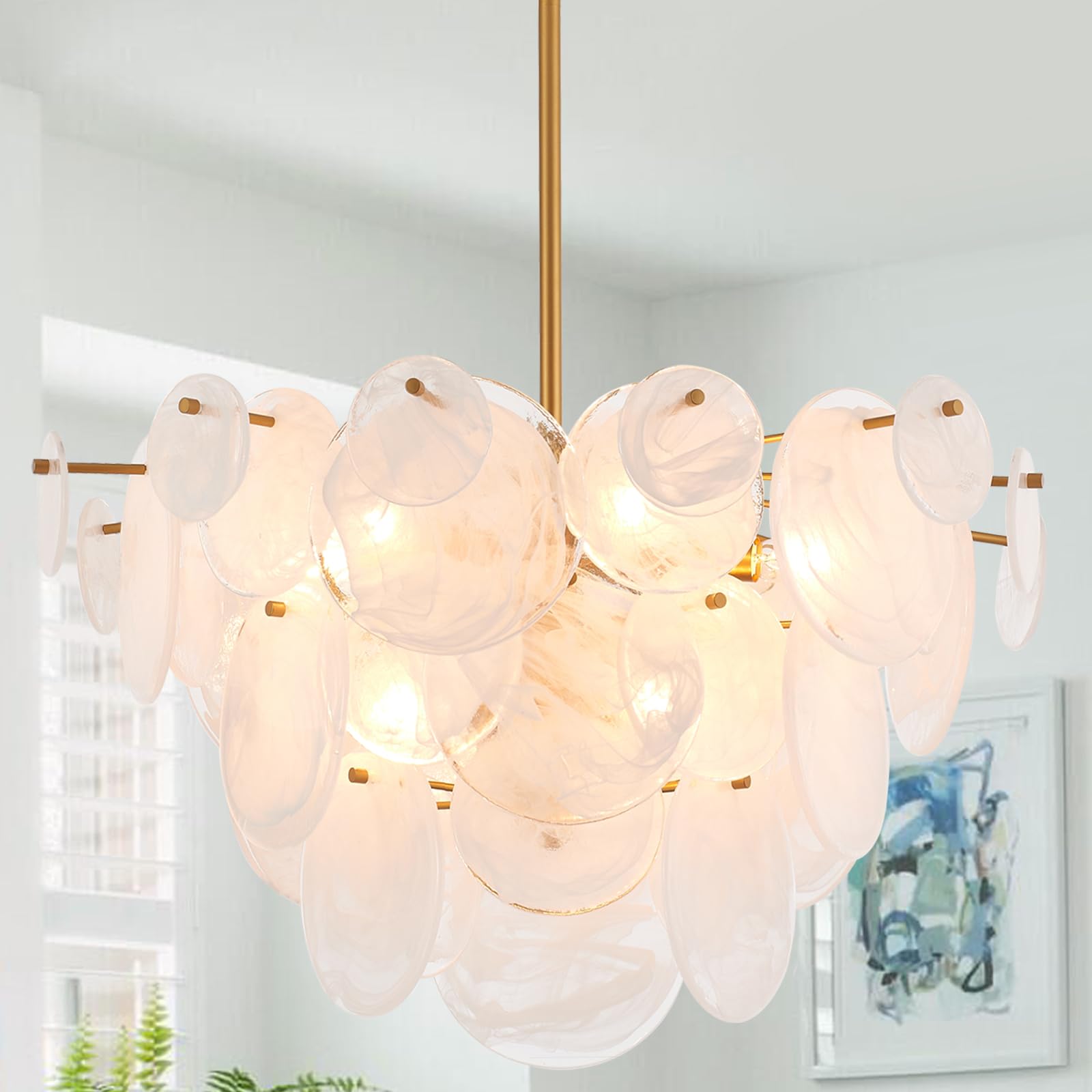 Dia 28 Inch, Modern Glass Chandeliers for Bedroom, Gold Dining Room Light Fixture, Large Vintage Pendant Chandelier for