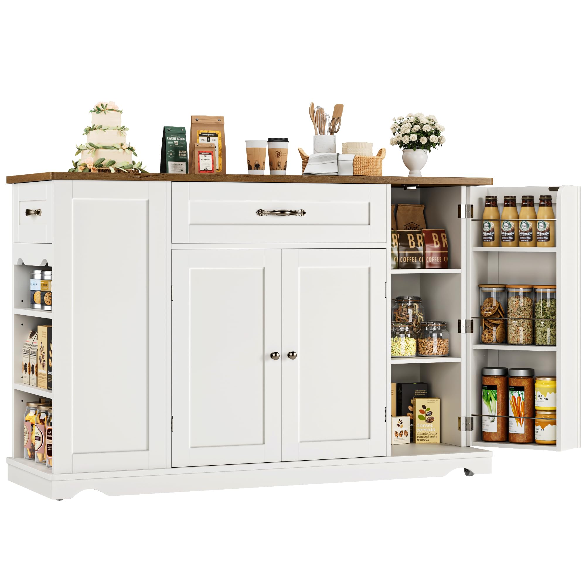 HOSTACK Kitchen Island Cart with Storage, 47'' Kitchen Storage Island on Wheels with 2 Drawers, Roll