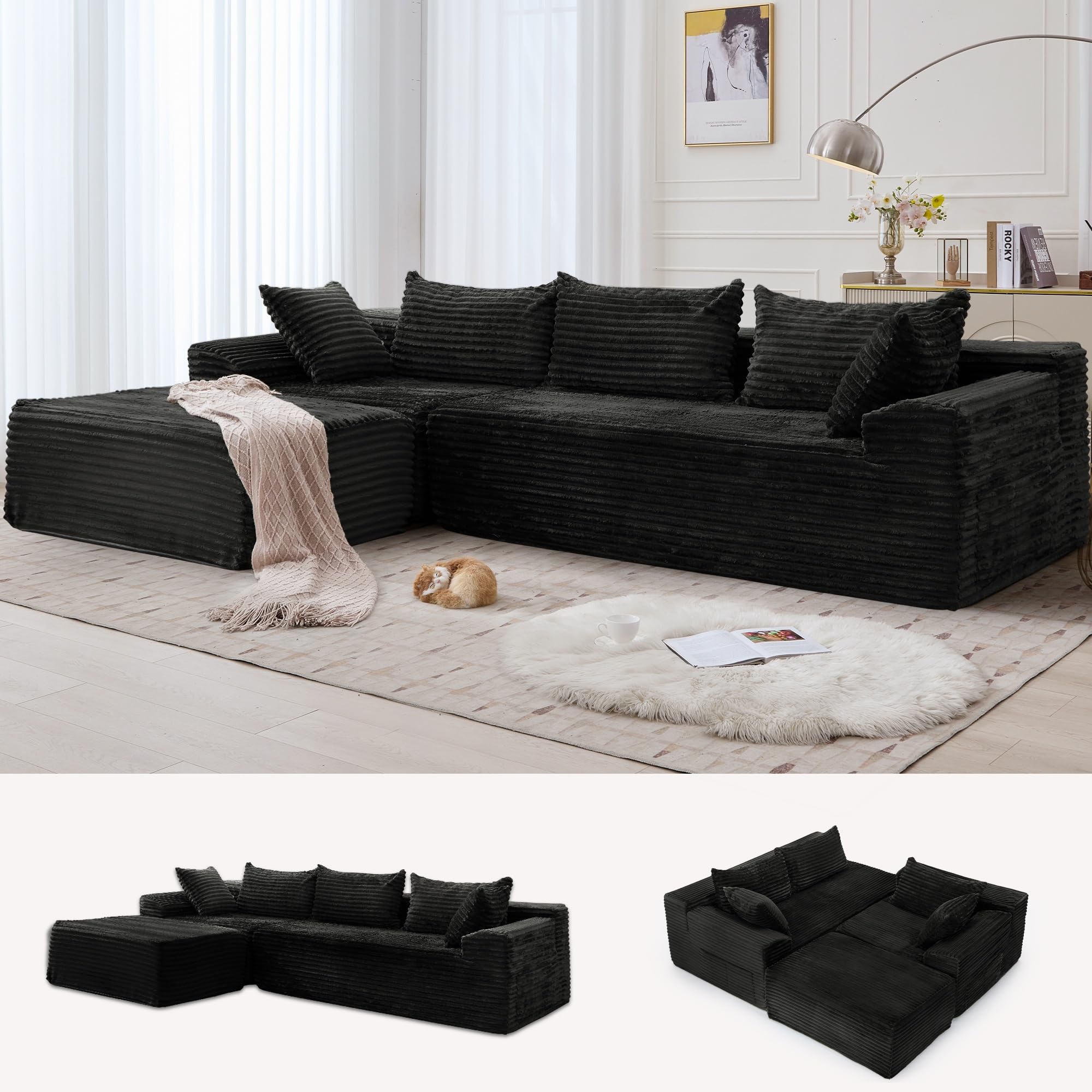 Korser 108" L-Shaped Modular Sectional Sofa with Chaise, Boneless Comfy Corduroy Fluffy Couch with D