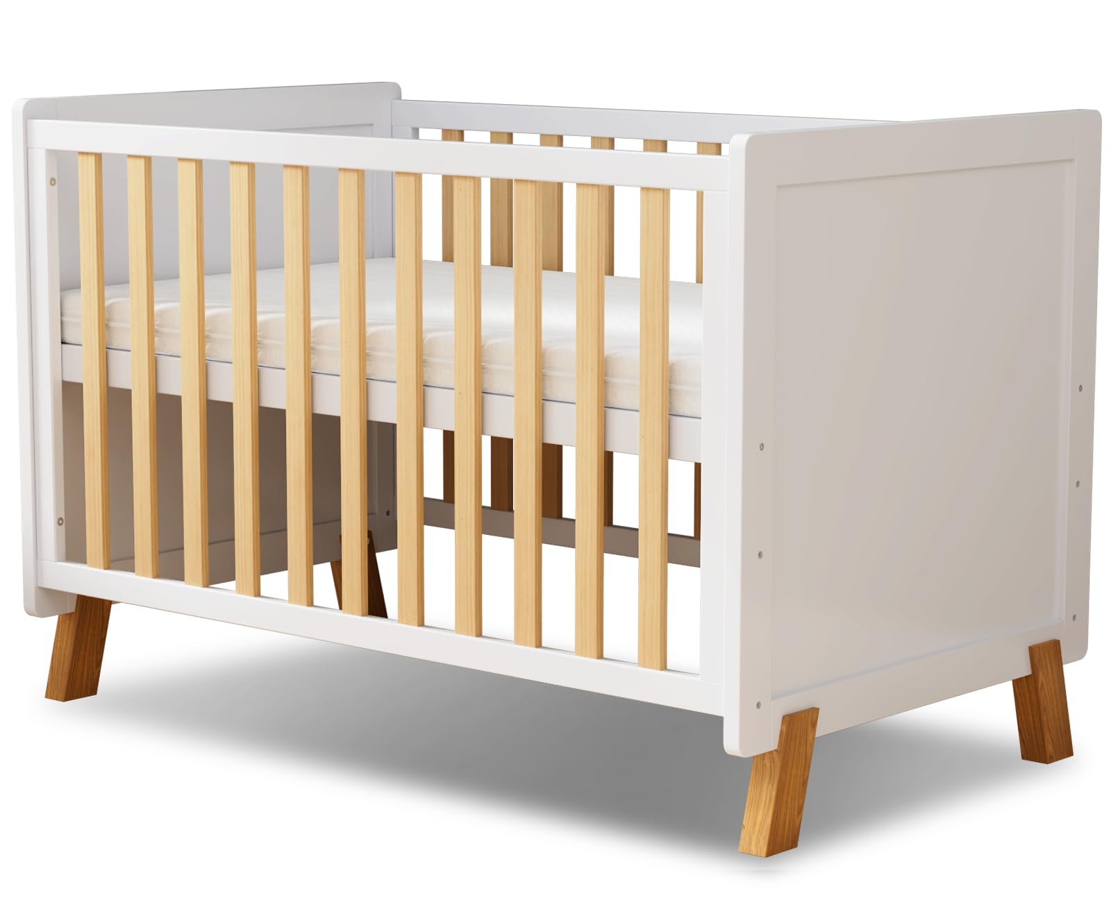 Alex -3-in-1 Wooden Baby Cot Bed，Baby Crib，Convertible Baby Bed，3 Adjustable Bed Base Positions ，Short Guardrail， Mattre