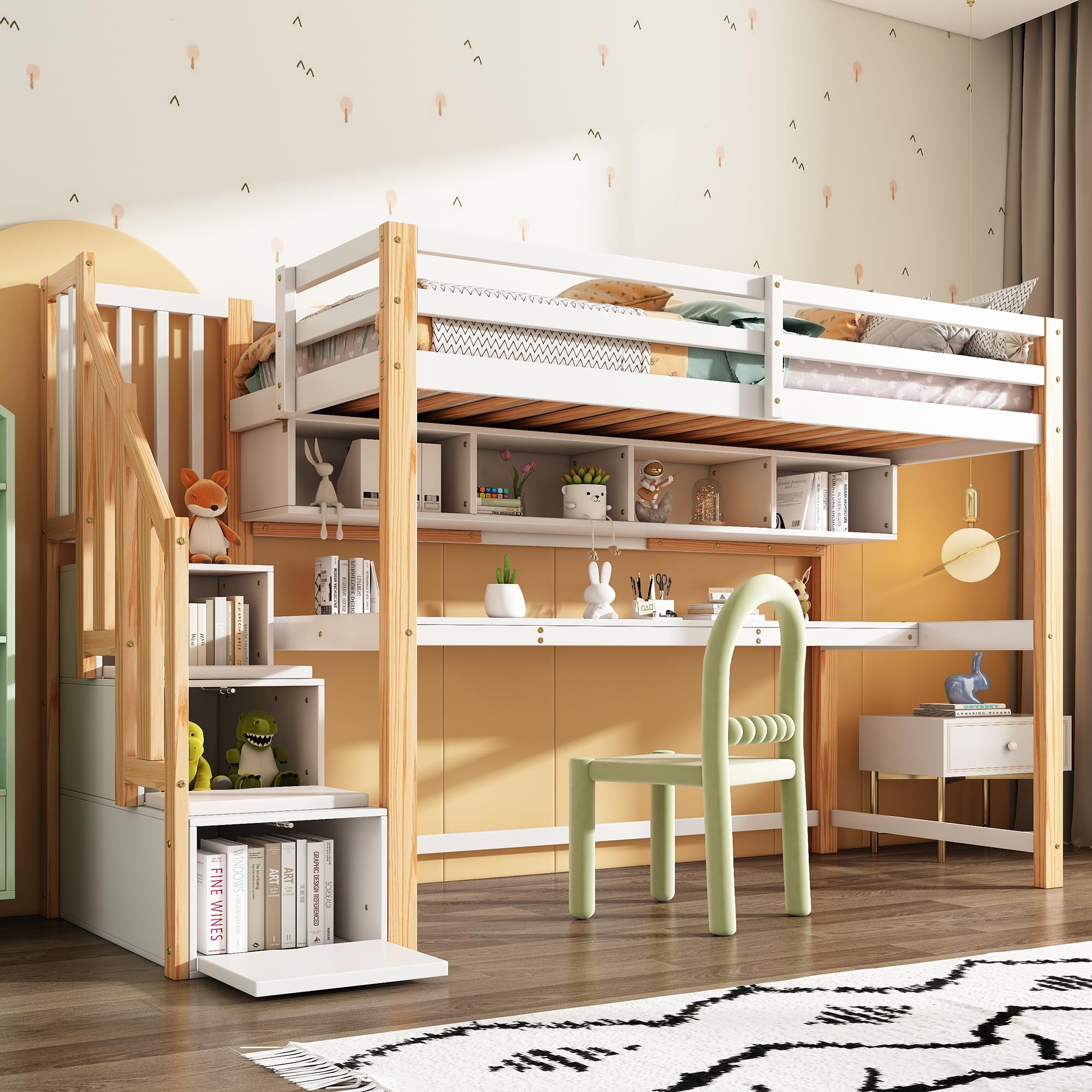 Bunk Bed for Kids, 3ft Wood Bed with Large Desk and Shelves, Children's Loft Bed with Storage Stairs