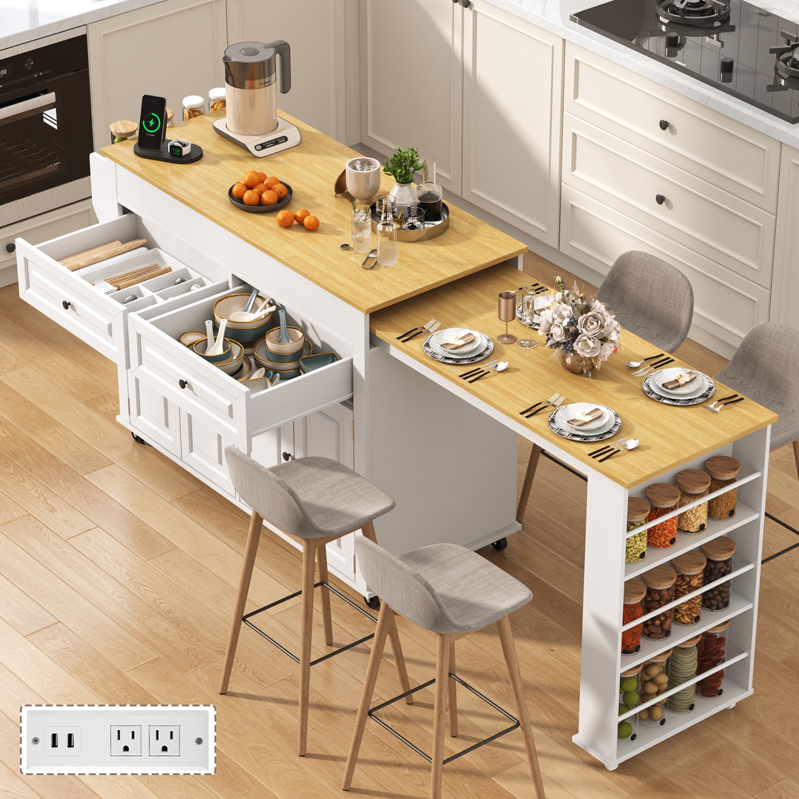 80"-48" Extendable Kitchen Island with Extended Dining Table and Power Outlet,Large Mobile Kitchen S