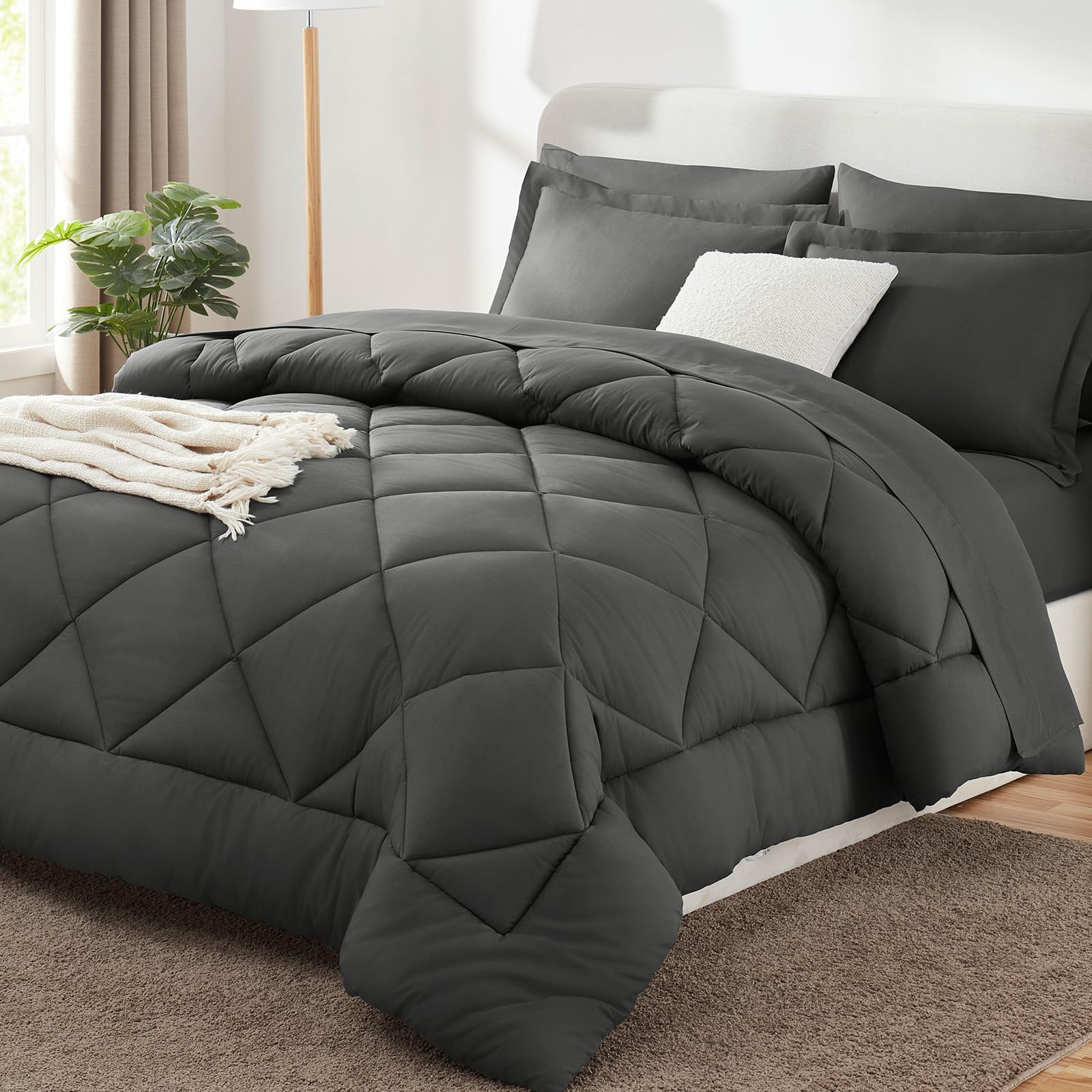 CozyLux Queen Comforter Set Dark Grey - Bed in a Bag Queen Size 7 Pieces, Luxury Soft Bed Set for Al