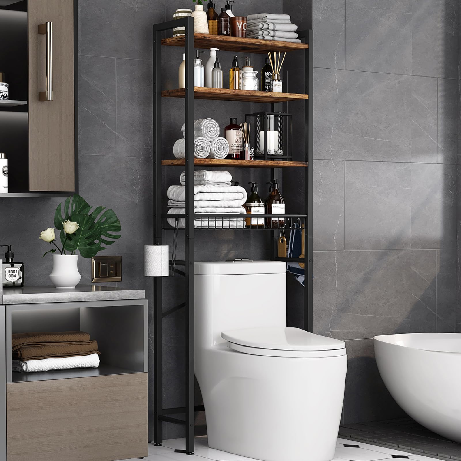 Kalrin Over-The-Toilet Storage Rack, 4-Tier Bathroom Organizer Shelf Over Toilet with Adjustable Shelf and Basket, Frees