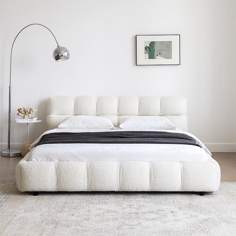 Al Zakharef Furniture CloudNest Tufted Bouclé Bed Upholstered Bed Frame with Tufted Headboard, King Size 180×200 cm