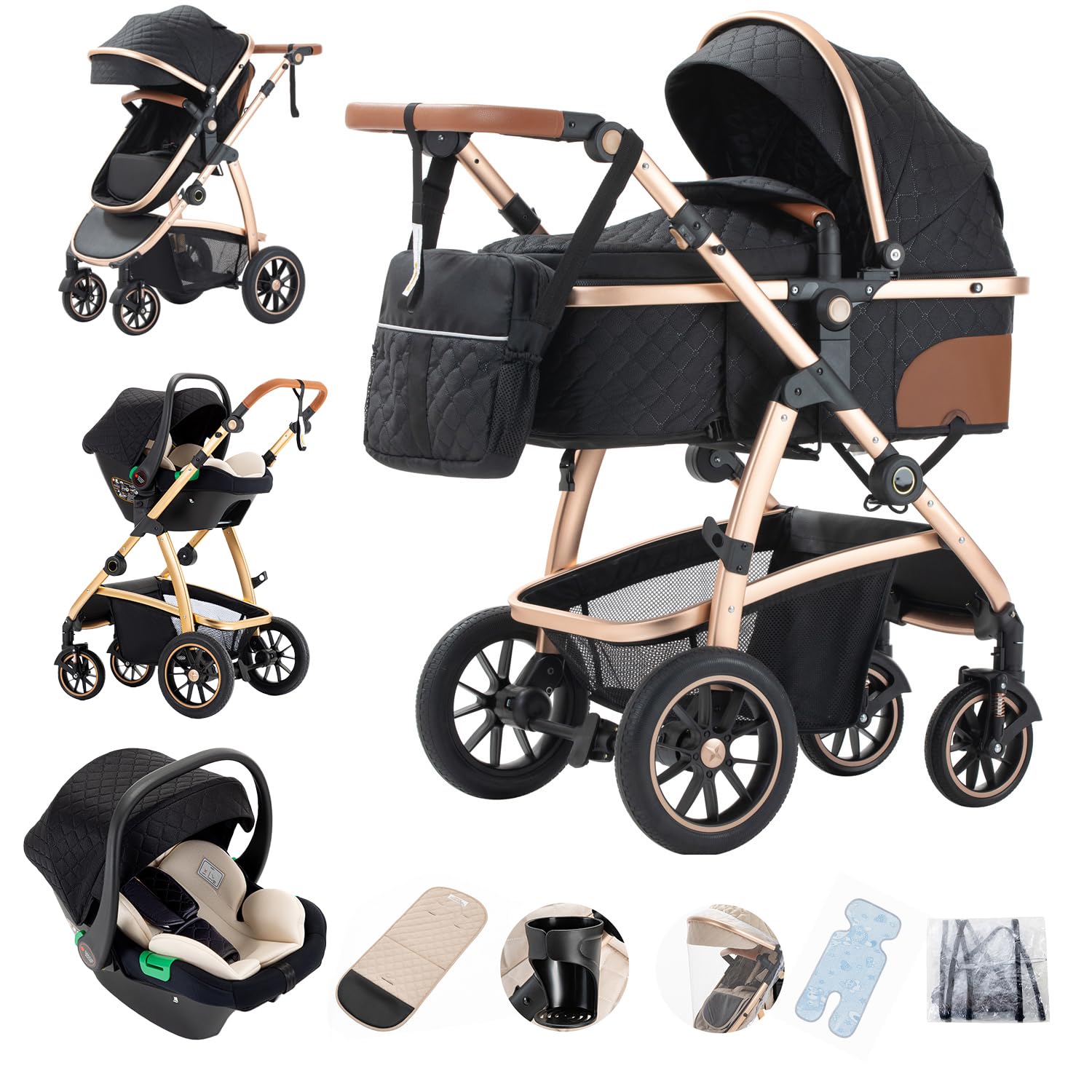 Gcarebb 3 in 1 Prams Travel System, Pushchair with Height Adjustable Handle, Travel Pram with Mosquito Net, Baby Strolle