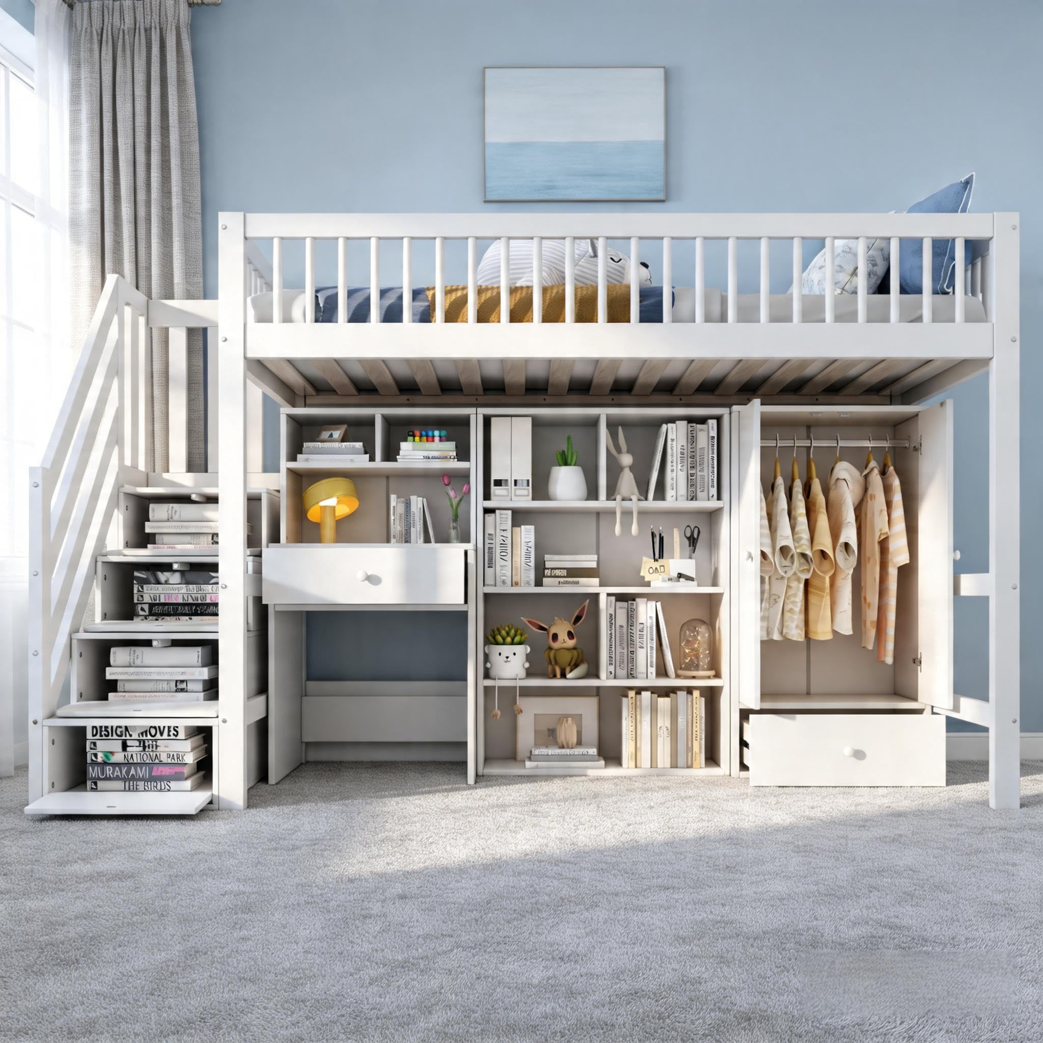 High Sleeper Bed with Desk, Loft Bed with Wardrobe, Kids Single Bed with Storage Stairs and Shelves,