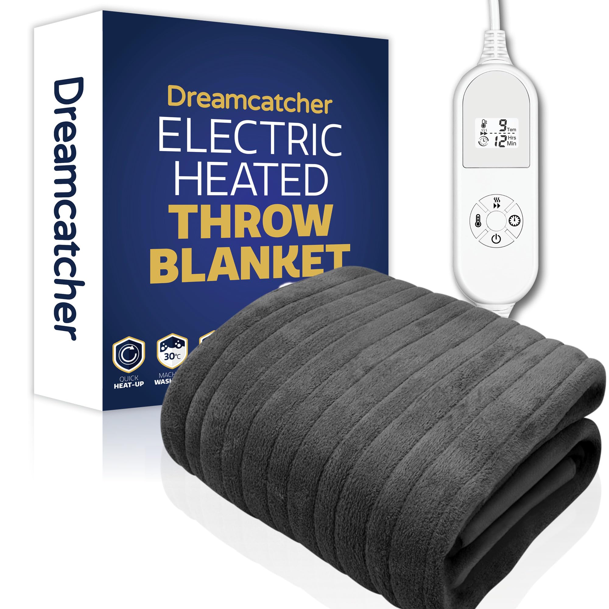 Dreamcatcher Grey Heated Throw Electric Blanket, 160 x 120cm Heated Blanket Machine Washable Soft Fleece Electric Throw 