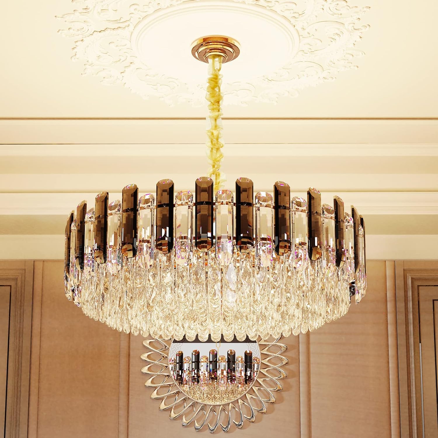 LUVODI Modern Luxury Round Crystal Chandelier: 40cm 3-Tiers Ceiling Hanging Pendant Light with 6 Bulbs - Contemporary Li
