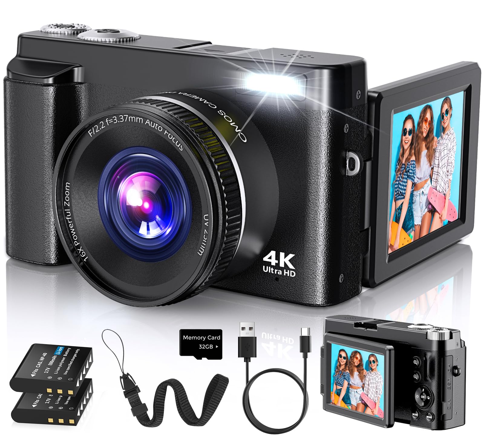 Duluvulu 4K Digital Camera for Photography Autofocus, 2026 Latest 48MP Vlogging Camera for YouTube with SD Card, 2 Batte
