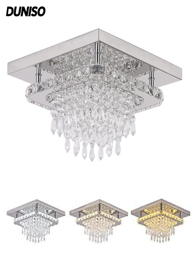 DUNISO Crystal Ceiling Light，Flush Mount Tricolor Crystal Ceiling Lights，Modern Luxury Square Crystal Chandelier，for Kit