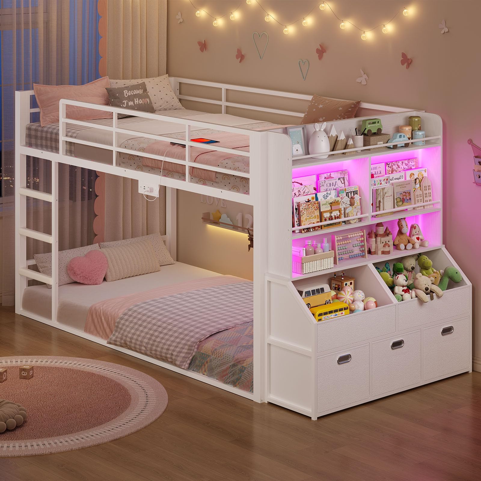 ADORNEVE Low Bunk Bed Twin Size with Bookshelf, Toy Organizer & Storage Drawers, Metal Floor Bunk Be