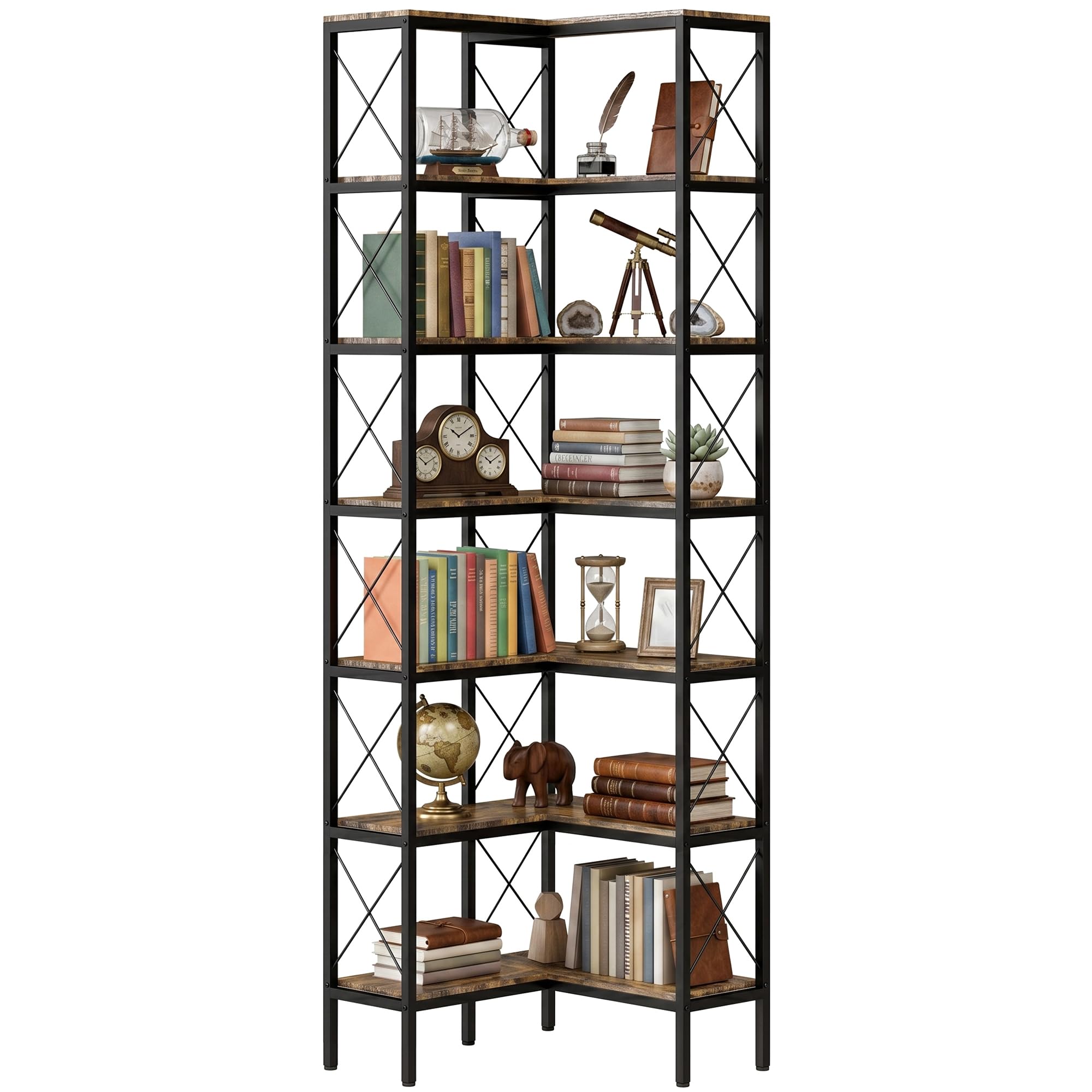 HOMCOM 6-Tier Corner Bookshelf, L-Shaped Bookcase, Freestanding Display Shelf with Metal Frame for Living Room, Home Off